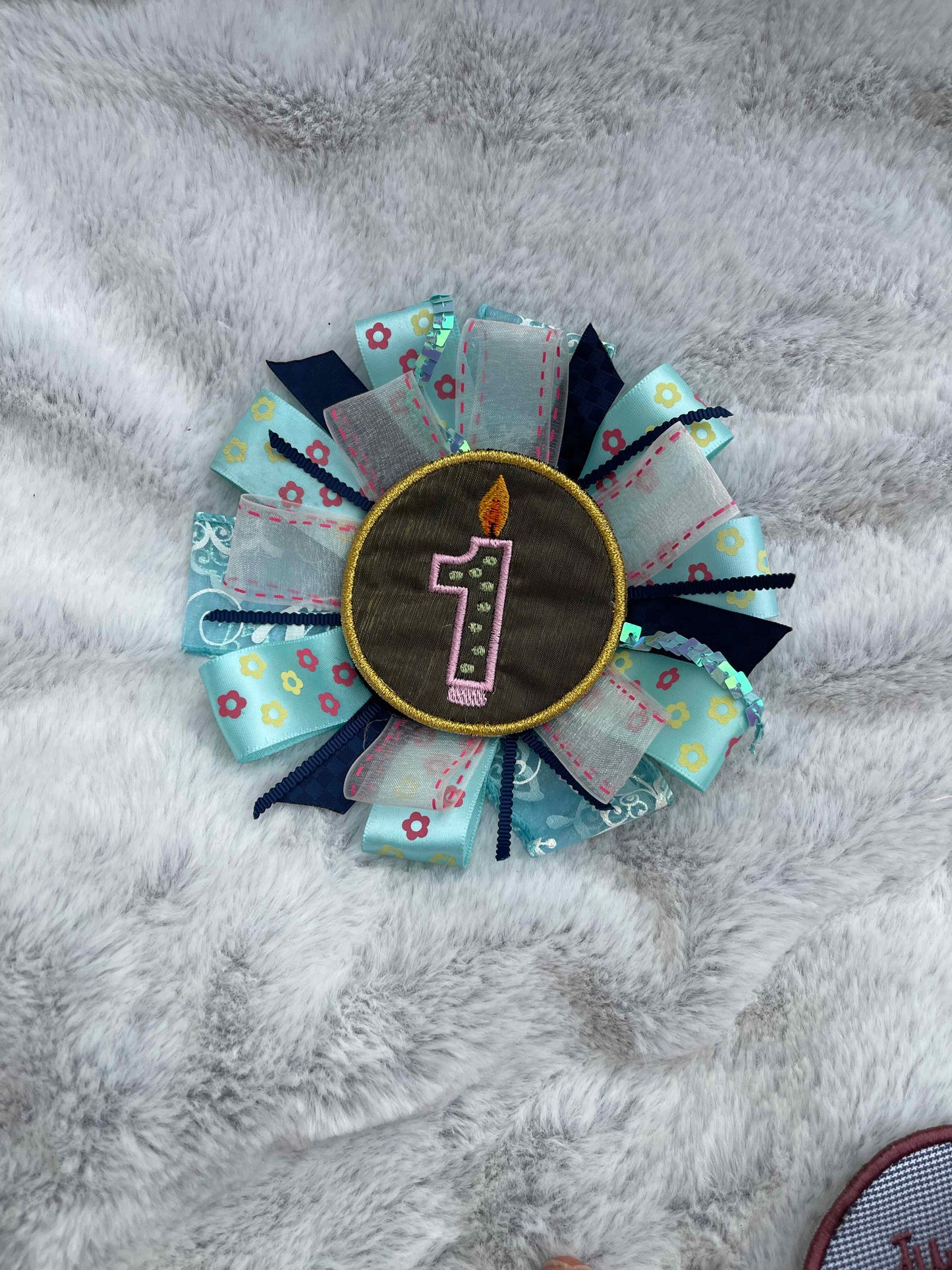 Blue Floral Handmade Ribbon Rosette — Swappable Badge Brooch | Gathered Olea