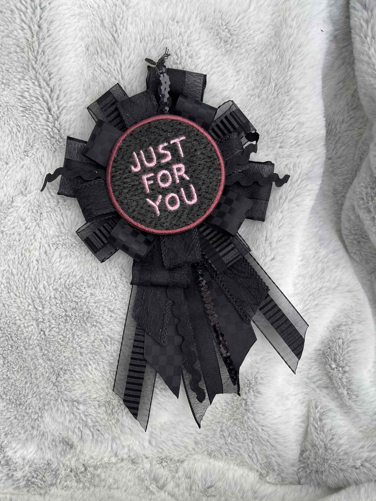 Black Handmade Ribbon Rosette — Swappable Badge Brooch