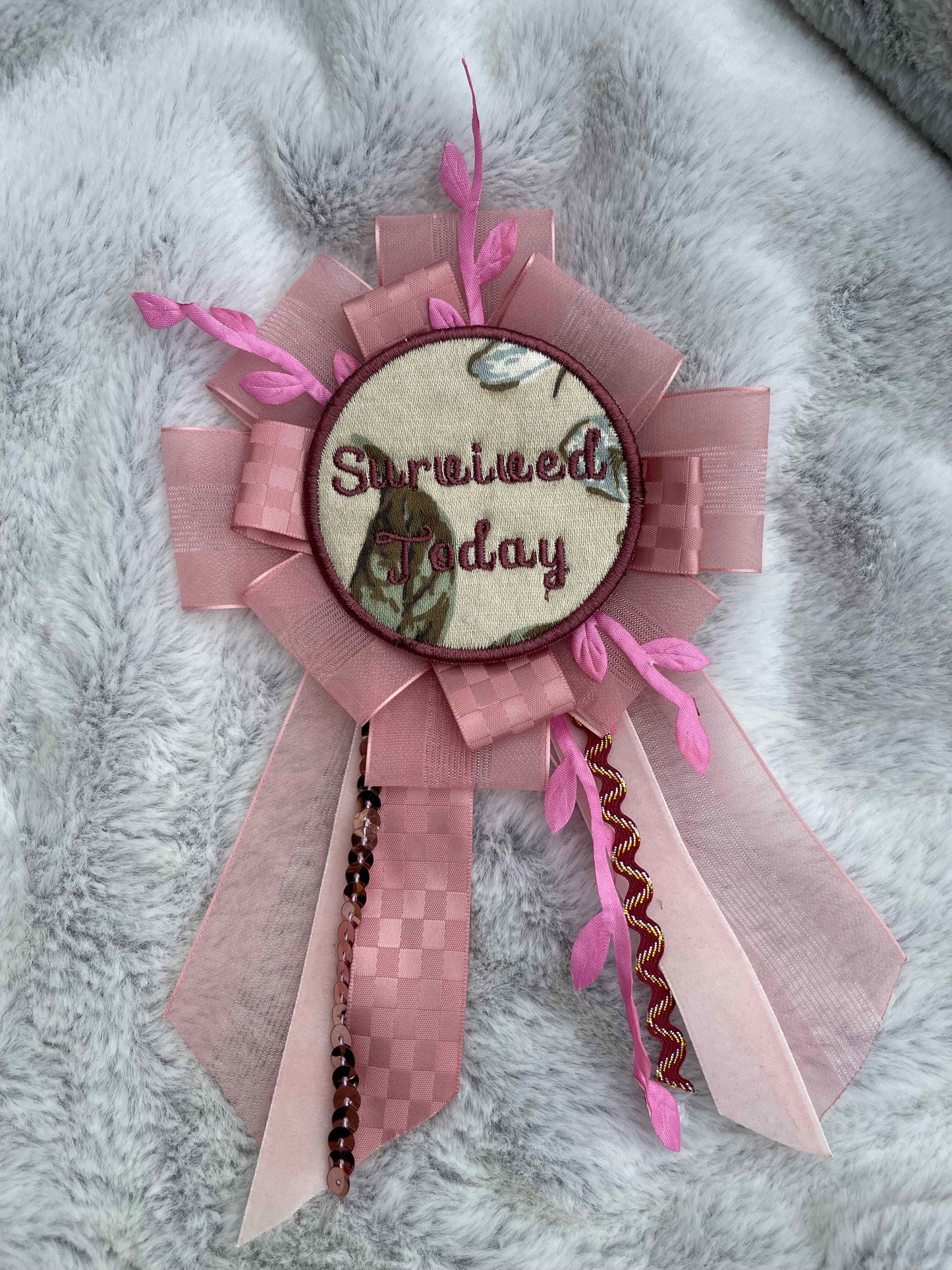 Pink Handmade Ribbon Rosette — Swappable Badge Brooch