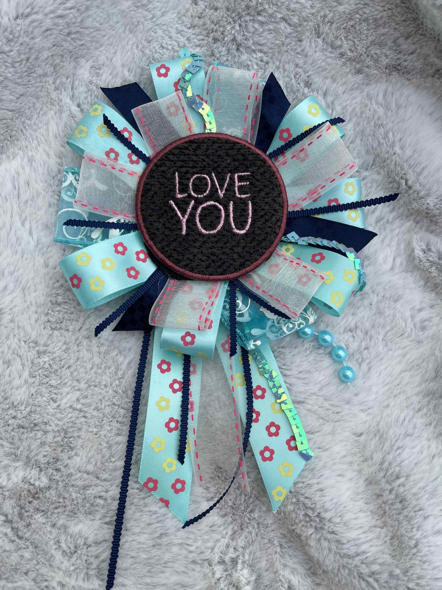 Blue Floral Handmade Ribbon Rosette — Swappable Badge Brooch | Gathered Olea