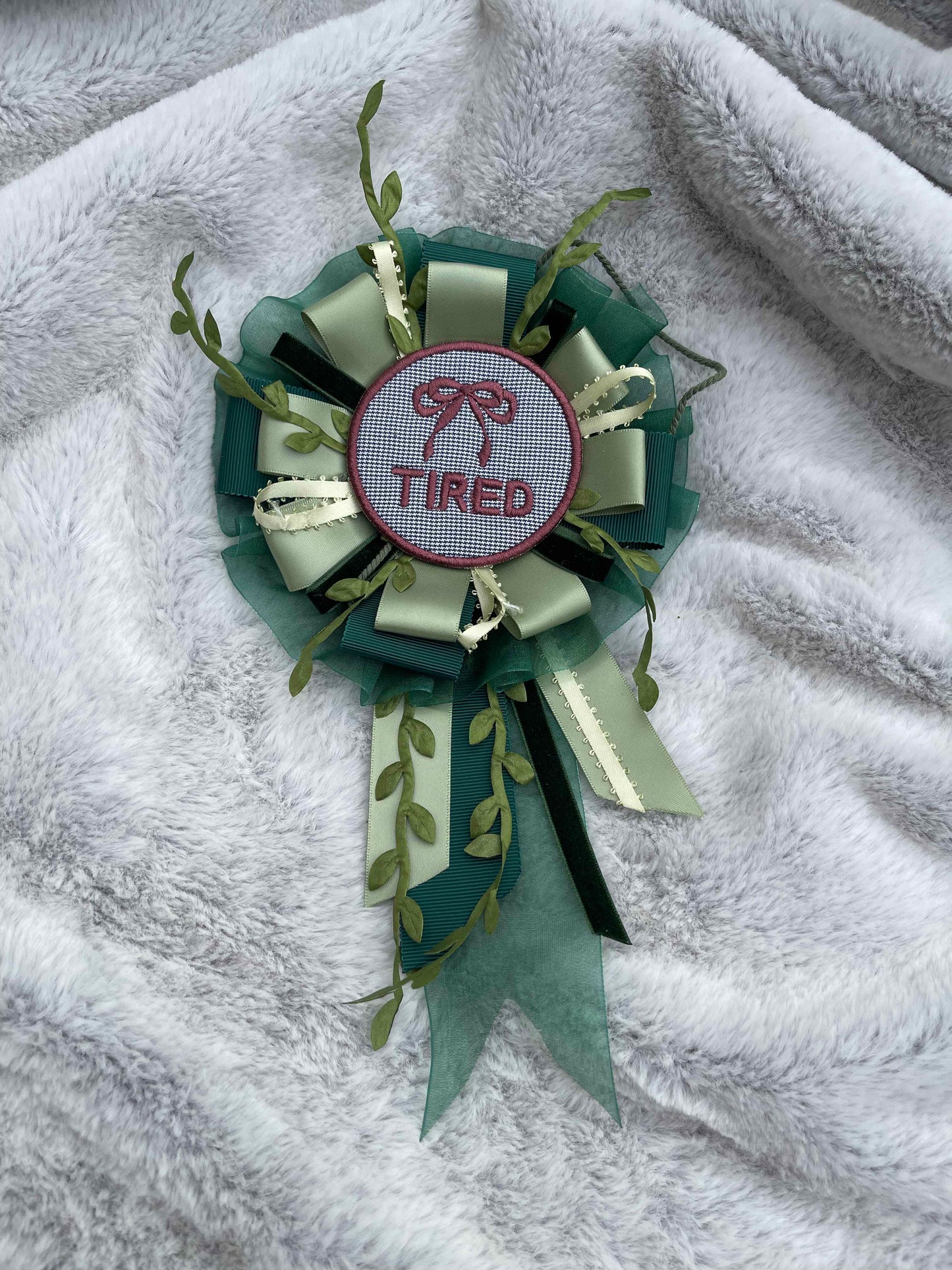 Green Botanical Handmade Ribbon Rosette — Swappable Badge Brooch | Gathered Olea