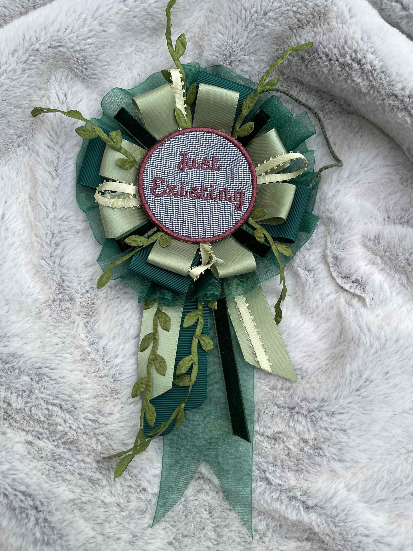 Green Botanical Handmade Ribbon Rosette — Swappable Badge Brooch | Gathered Olea