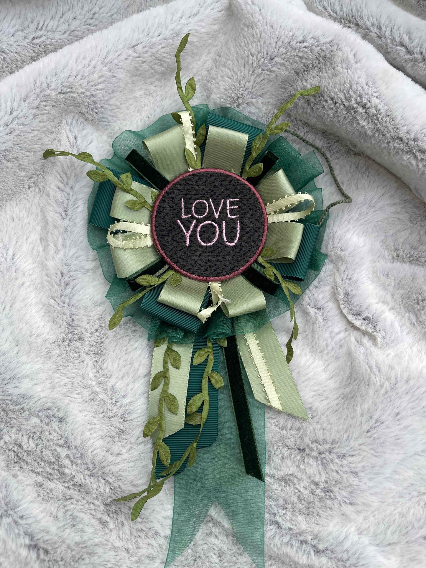 Green Botanical Handmade Ribbon Rosette — Swappable Badge Brooch | Gathered Olea