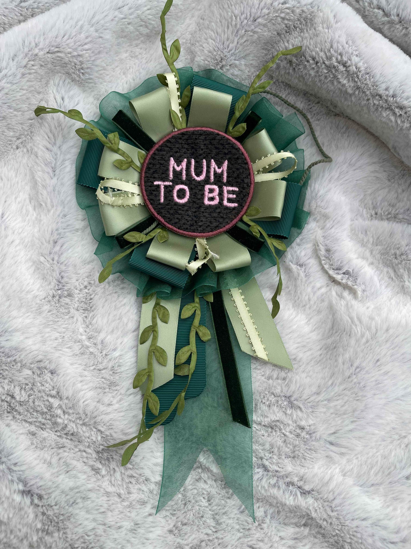 Green Botanical Handmade Ribbon Rosette — Swappable Badge Brooch | Gathered Olea