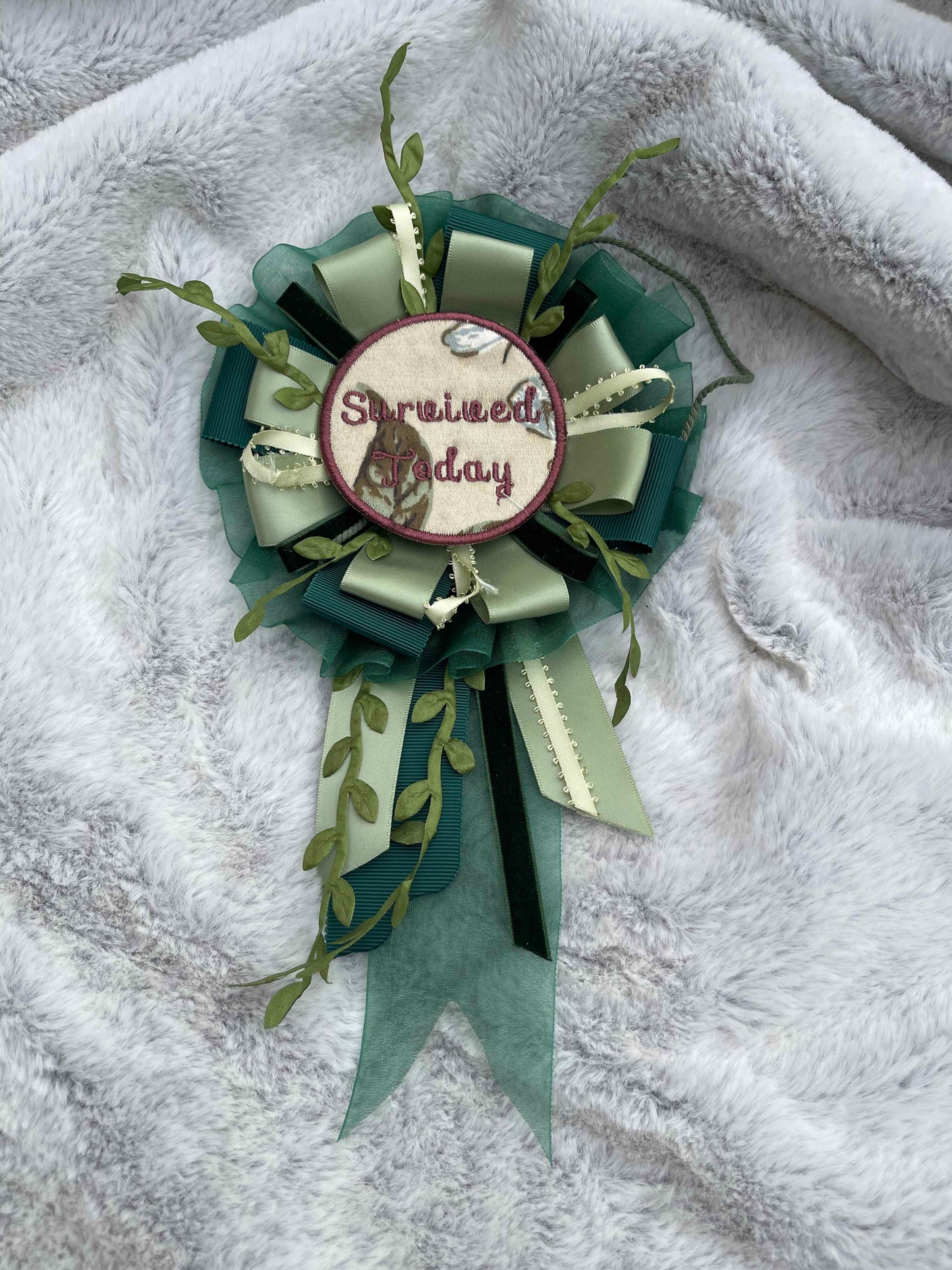 Green Botanical Handmade Ribbon Rosette — Swappable Badge Brooch | Gathered Olea