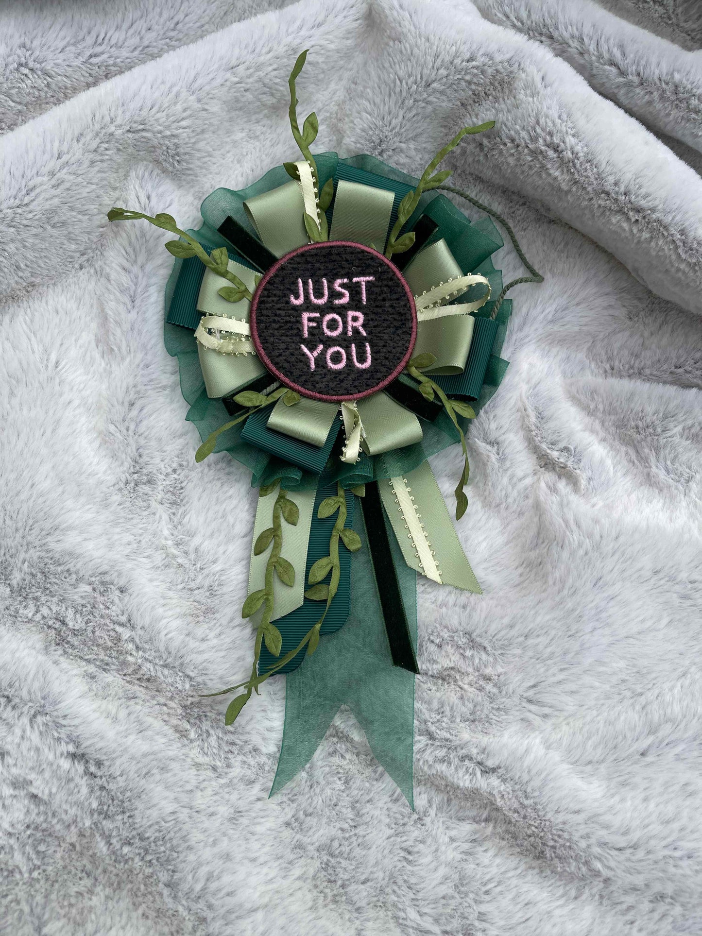 Green Botanical Handmade Ribbon Rosette — Swappable Badge Brooch | Gathered Olea