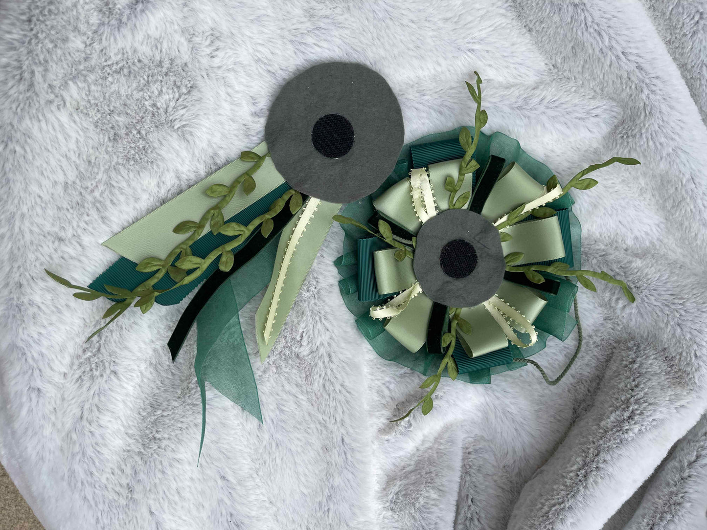 Green Botanical Handmade Ribbon Rosette — Swappable Badge Brooch | Gathered Olea