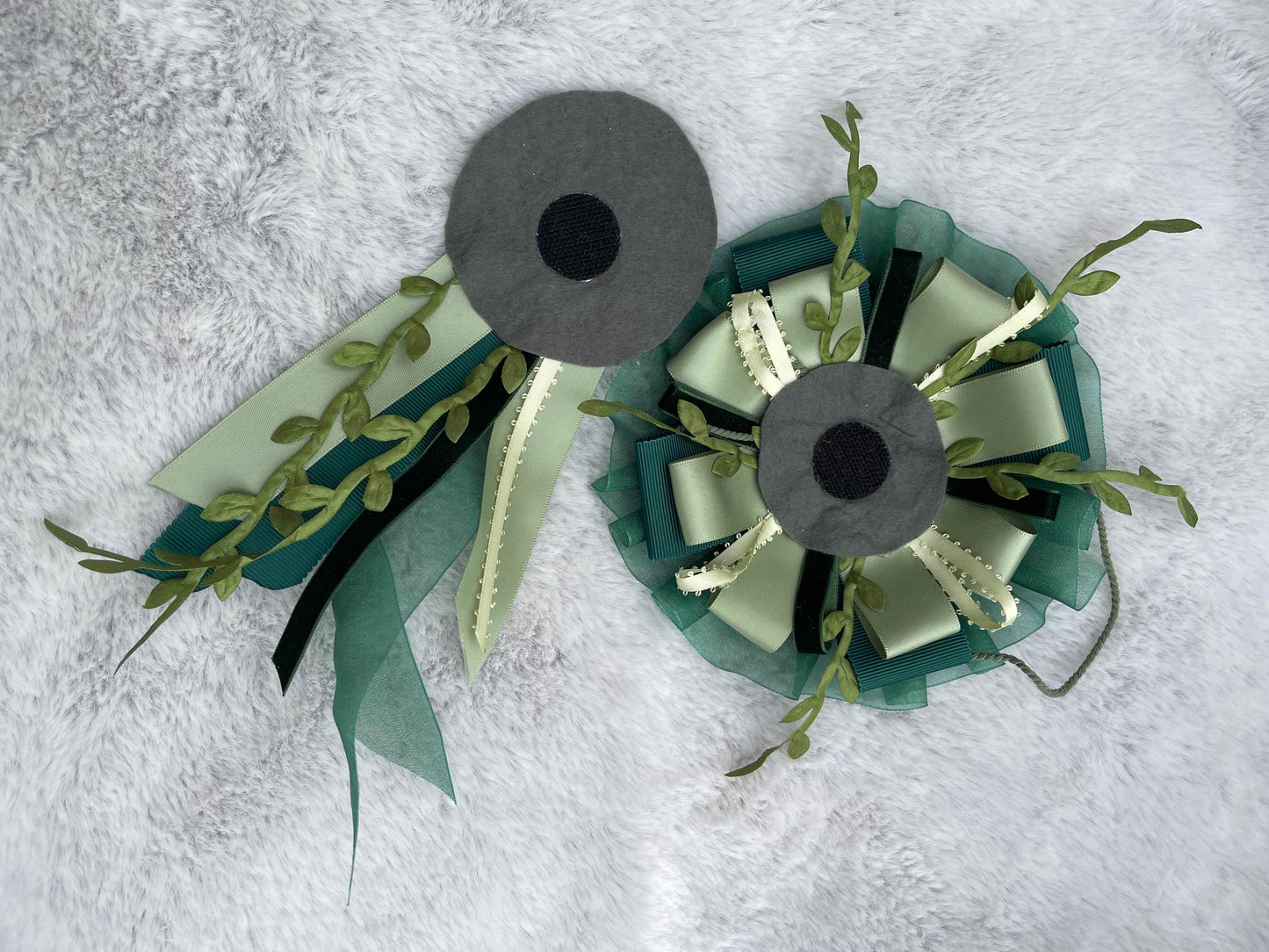 Green Botanical Handmade Ribbon Rosette — Swappable Badge Brooch | Gathered Olea