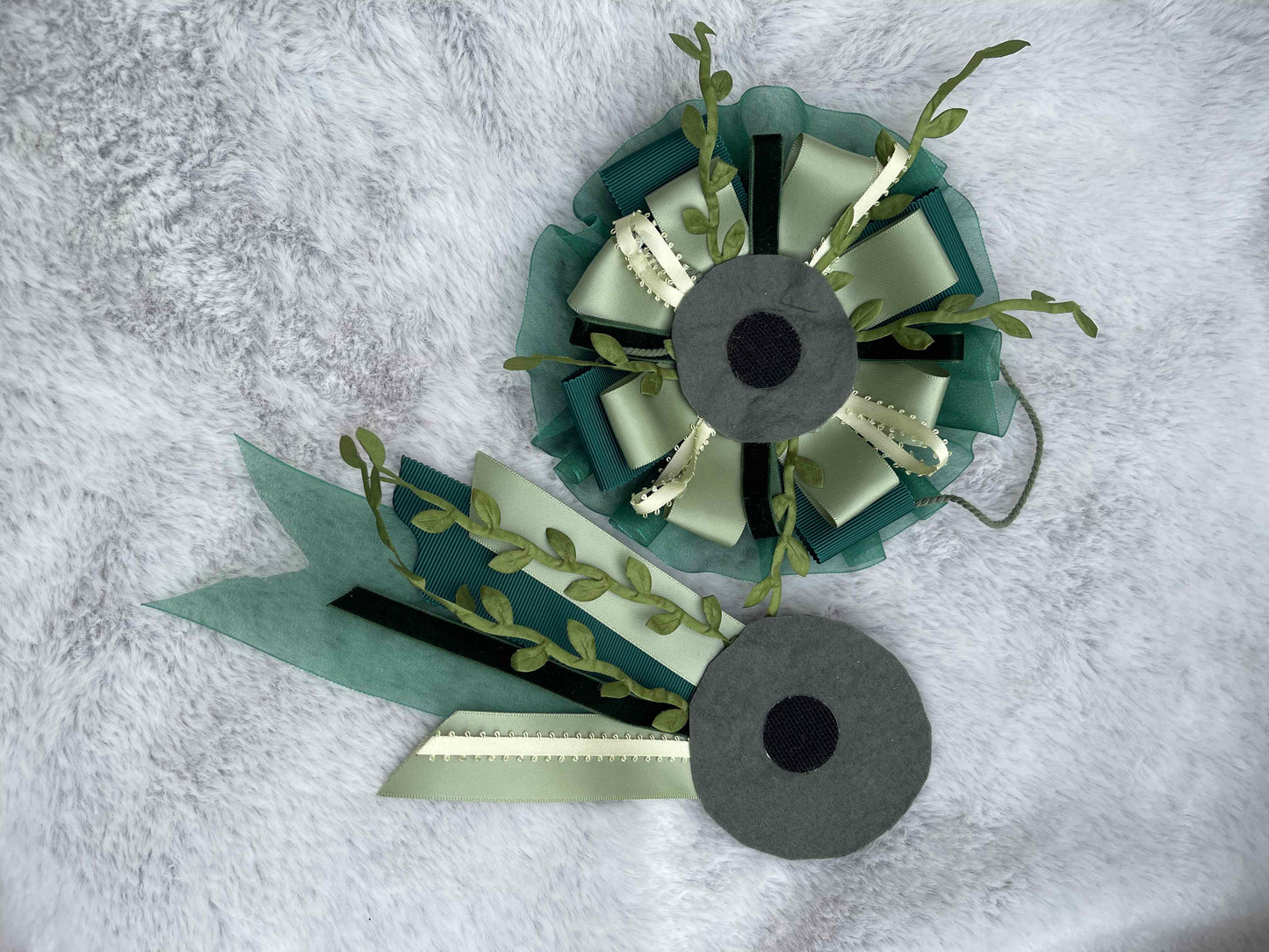 Green Botanical Handmade Ribbon Rosette — Swappable Badge Brooch | Gathered Olea