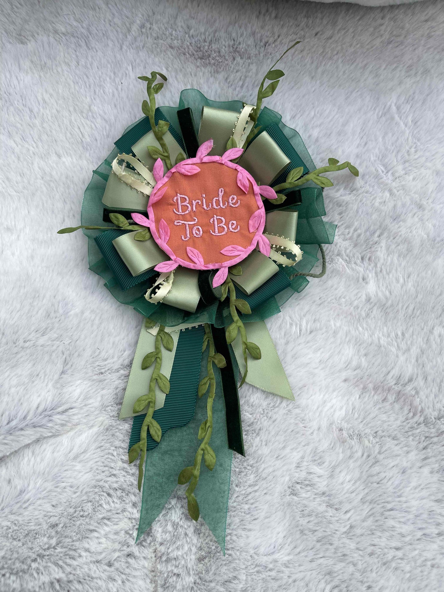 Green Botanical Handmade Ribbon Rosette — Swappable Badge Brooch | Gathered Olea