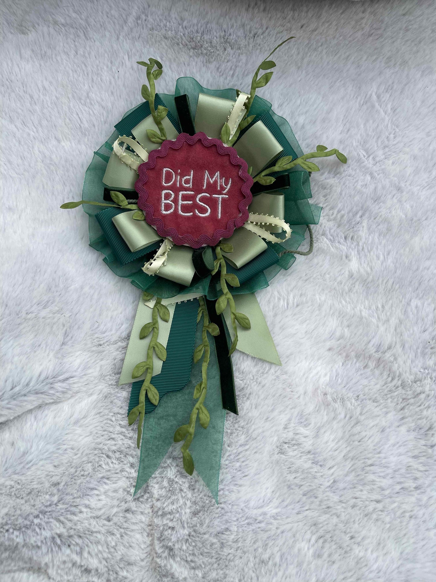 Green Botanical Handmade Ribbon Rosette — Swappable Badge Brooch | Gathered Olea