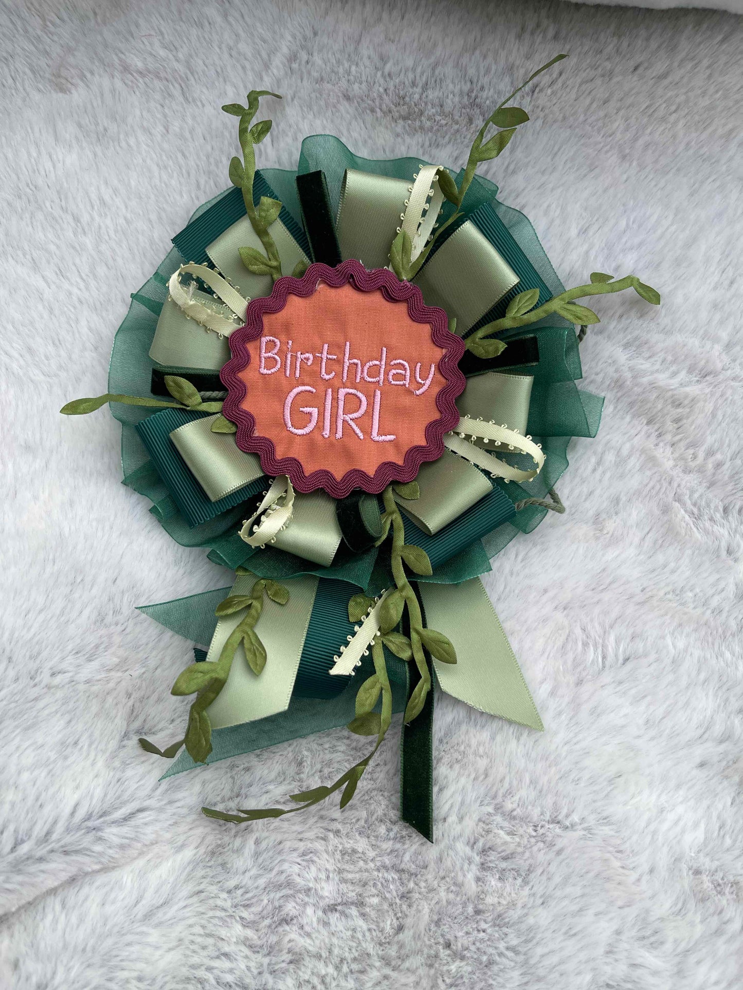 Green Botanical Handmade Ribbon Rosette — Swappable Badge Brooch | Gathered Olea