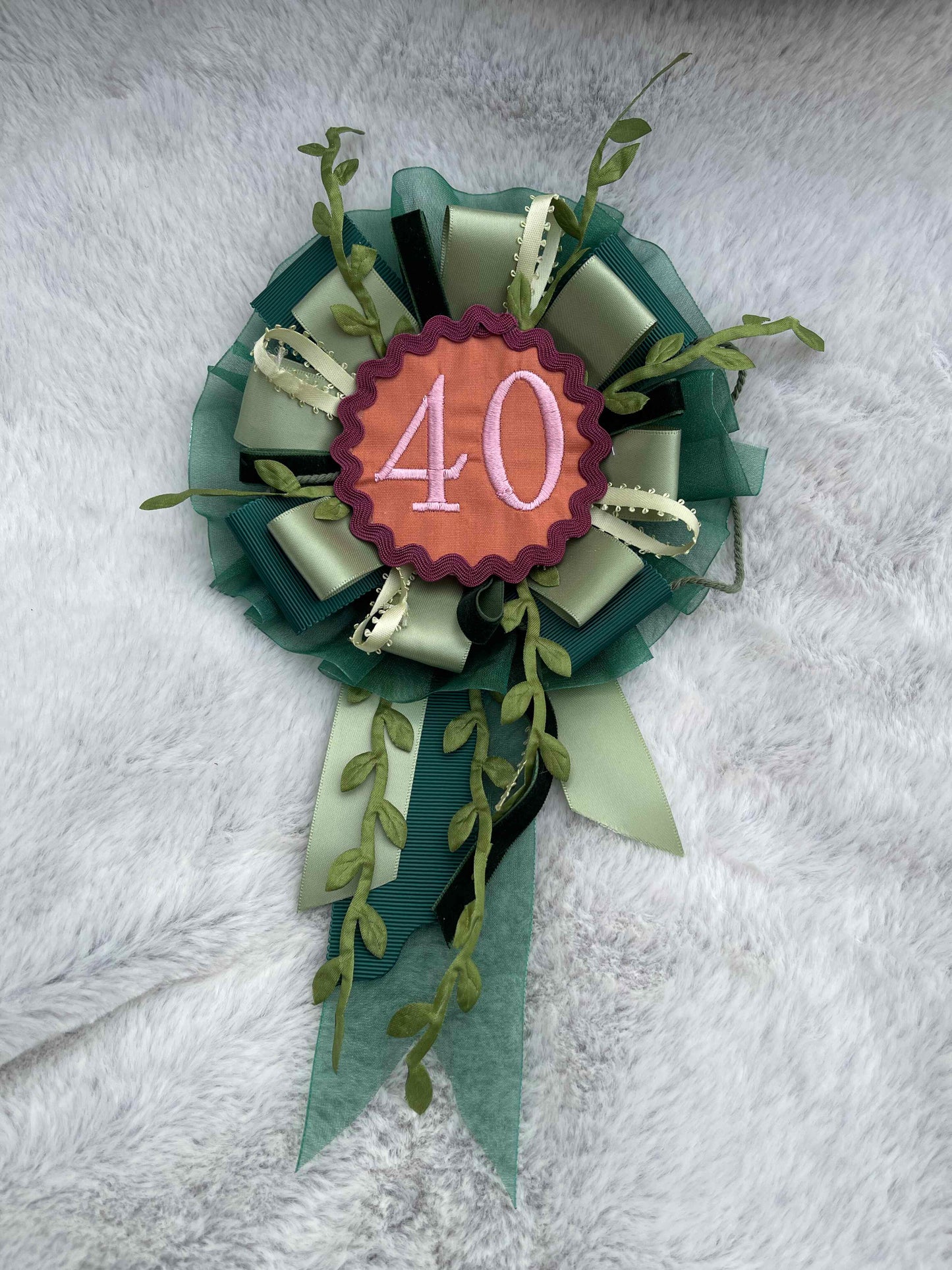 Green Botanical Handmade Ribbon Rosette — Swappable Badge Brooch | Gathered Olea