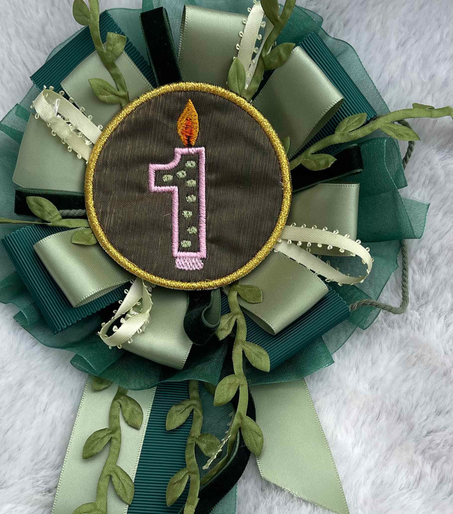 Green Botanical Handmade Ribbon Rosette — Swappable Badge Brooch | Gathered Olea