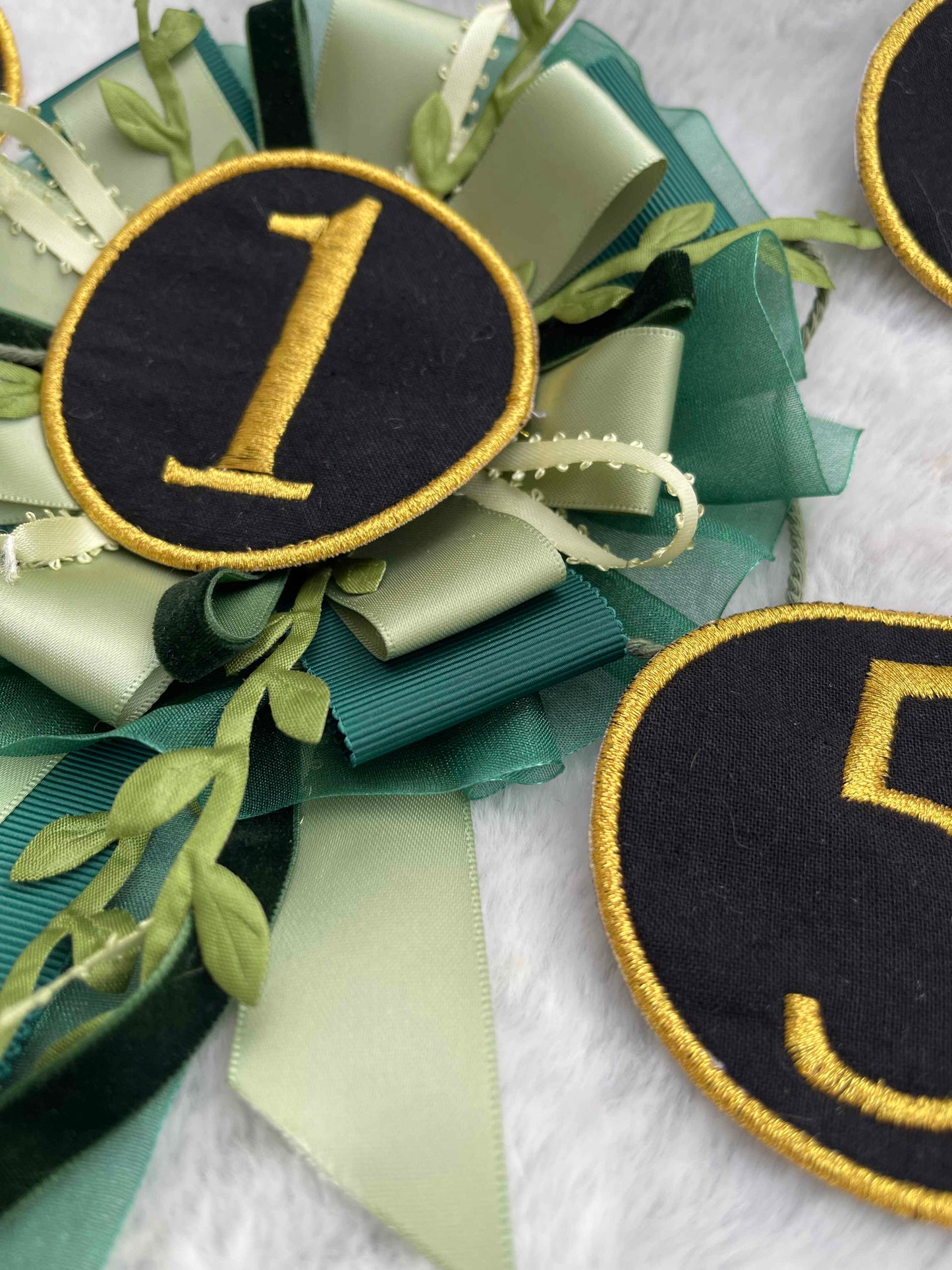 Green Botanical Handmade Ribbon Rosette — Swappable Badge Brooch | Gathered Olea