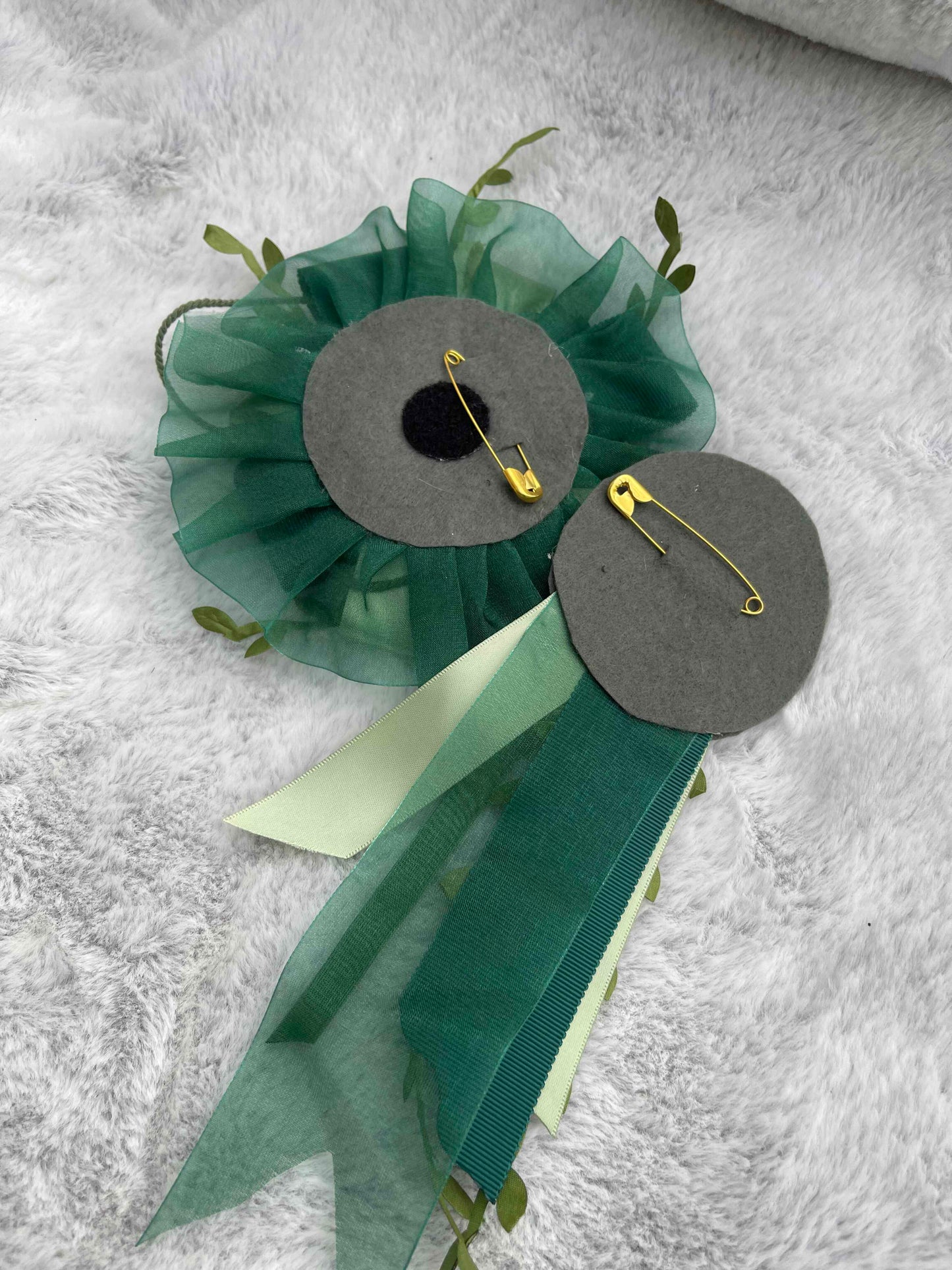 Green Botanical Handmade Ribbon Rosette — Swappable Badge Brooch | Gathered Olea