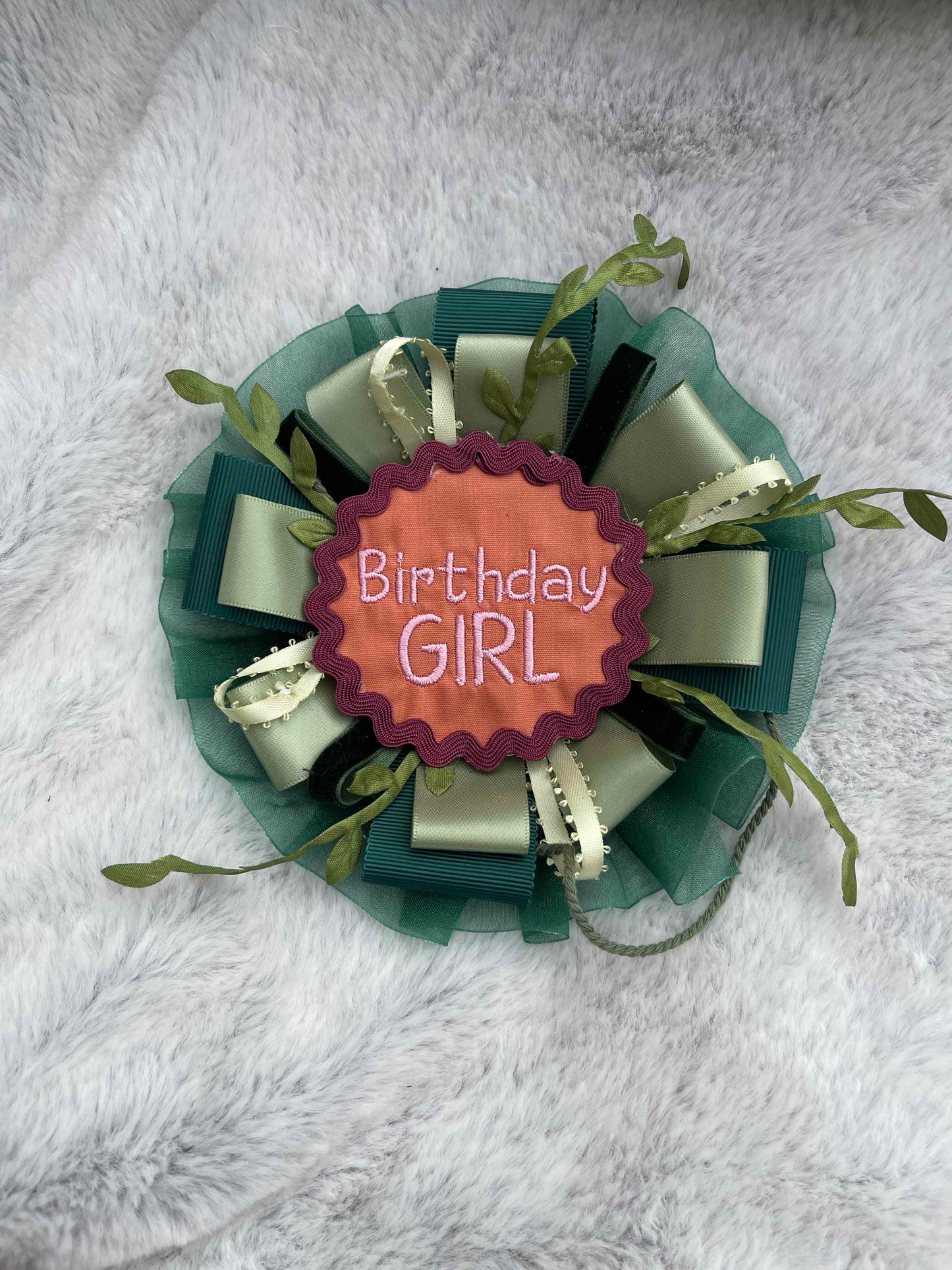 Green Botanical Handmade Ribbon Rosette — Swappable Badge Brooch | Gathered Olea
