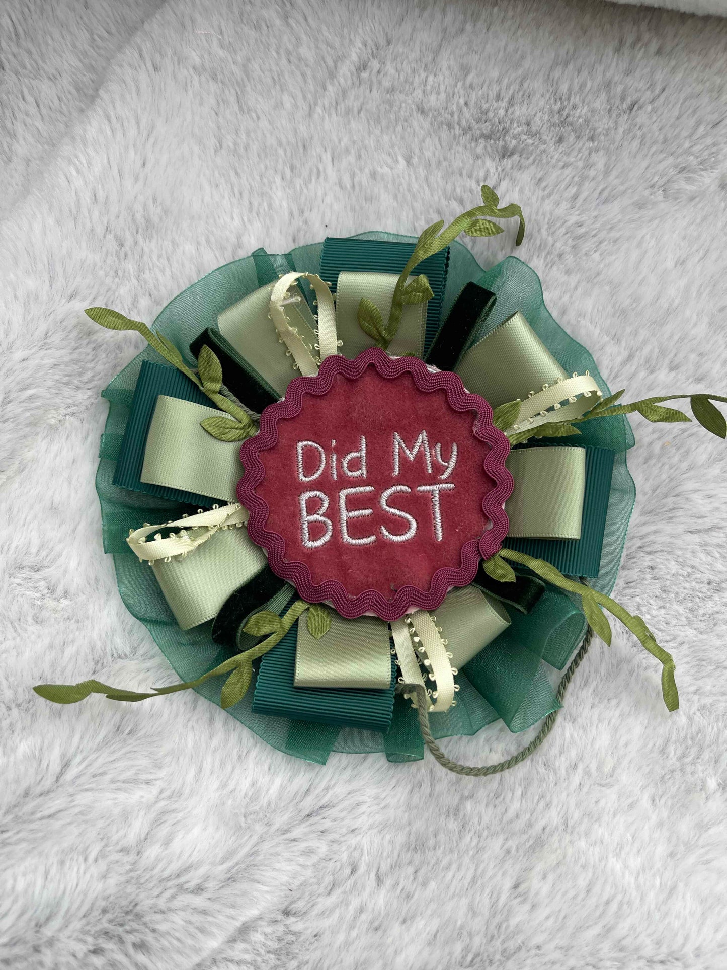 Green Botanical Handmade Ribbon Rosette — Swappable Badge Brooch | Gathered Olea