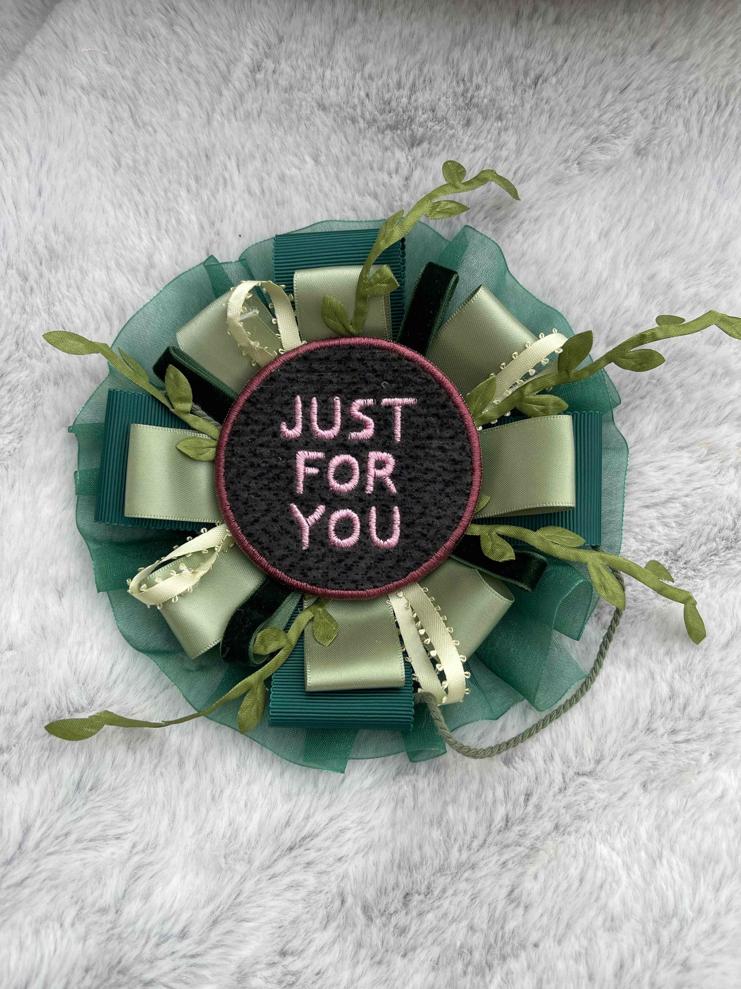 Green Botanical Handmade Ribbon Rosette — Swappable Badge Brooch | Gathered Olea