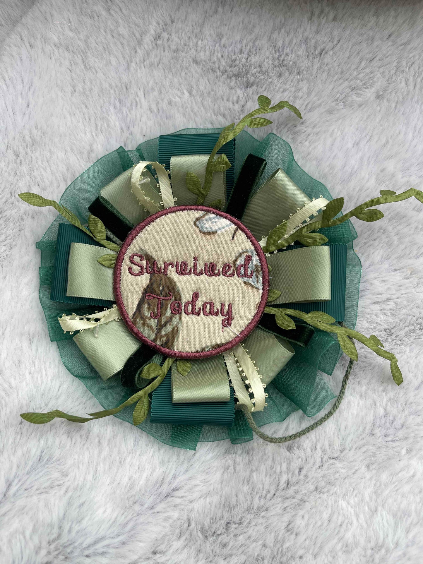 Green Botanical Handmade Ribbon Rosette — Swappable Badge Brooch | Gathered Olea