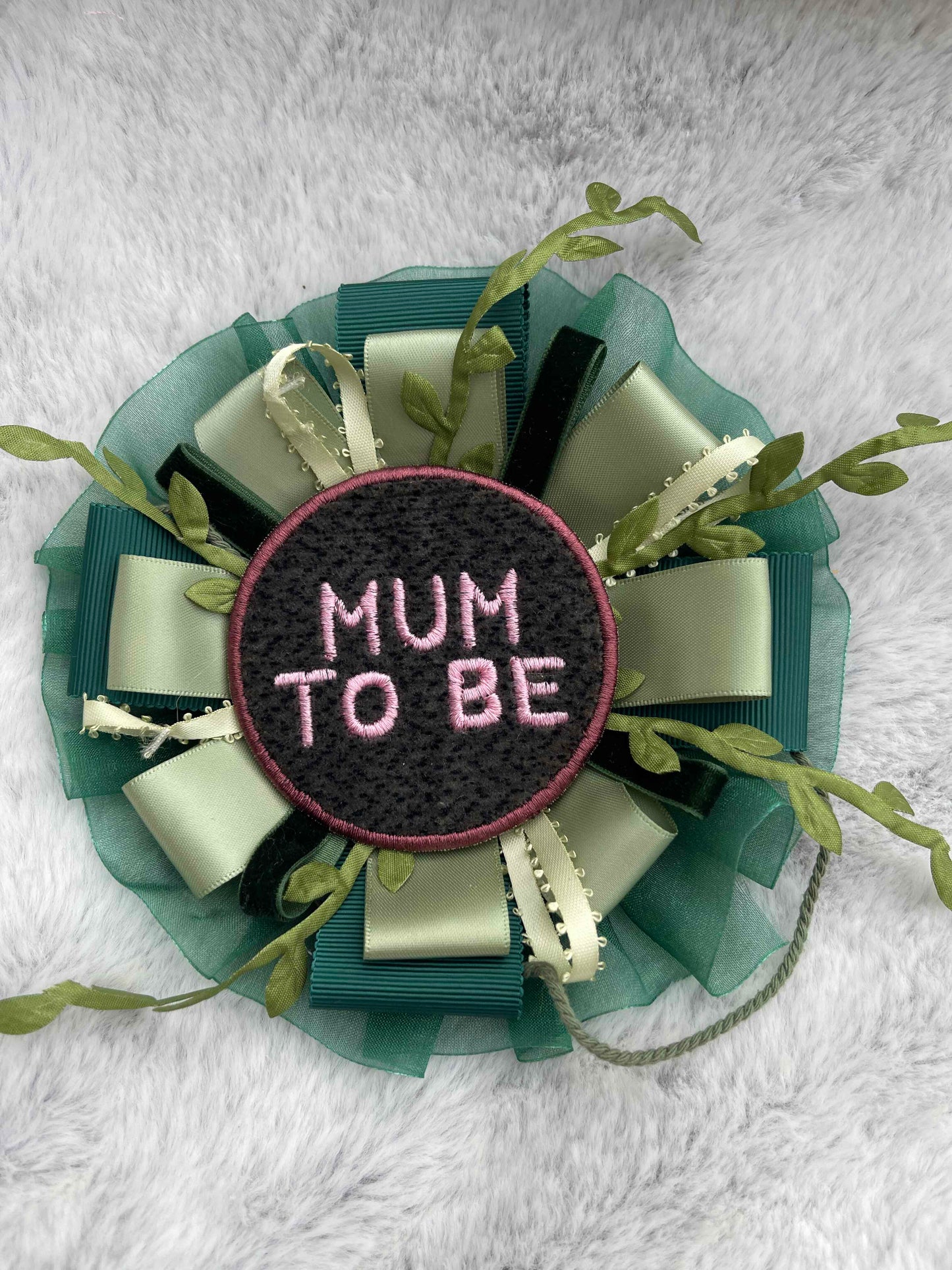 Green Botanical Handmade Ribbon Rosette — Swappable Badge Brooch | Gathered Olea