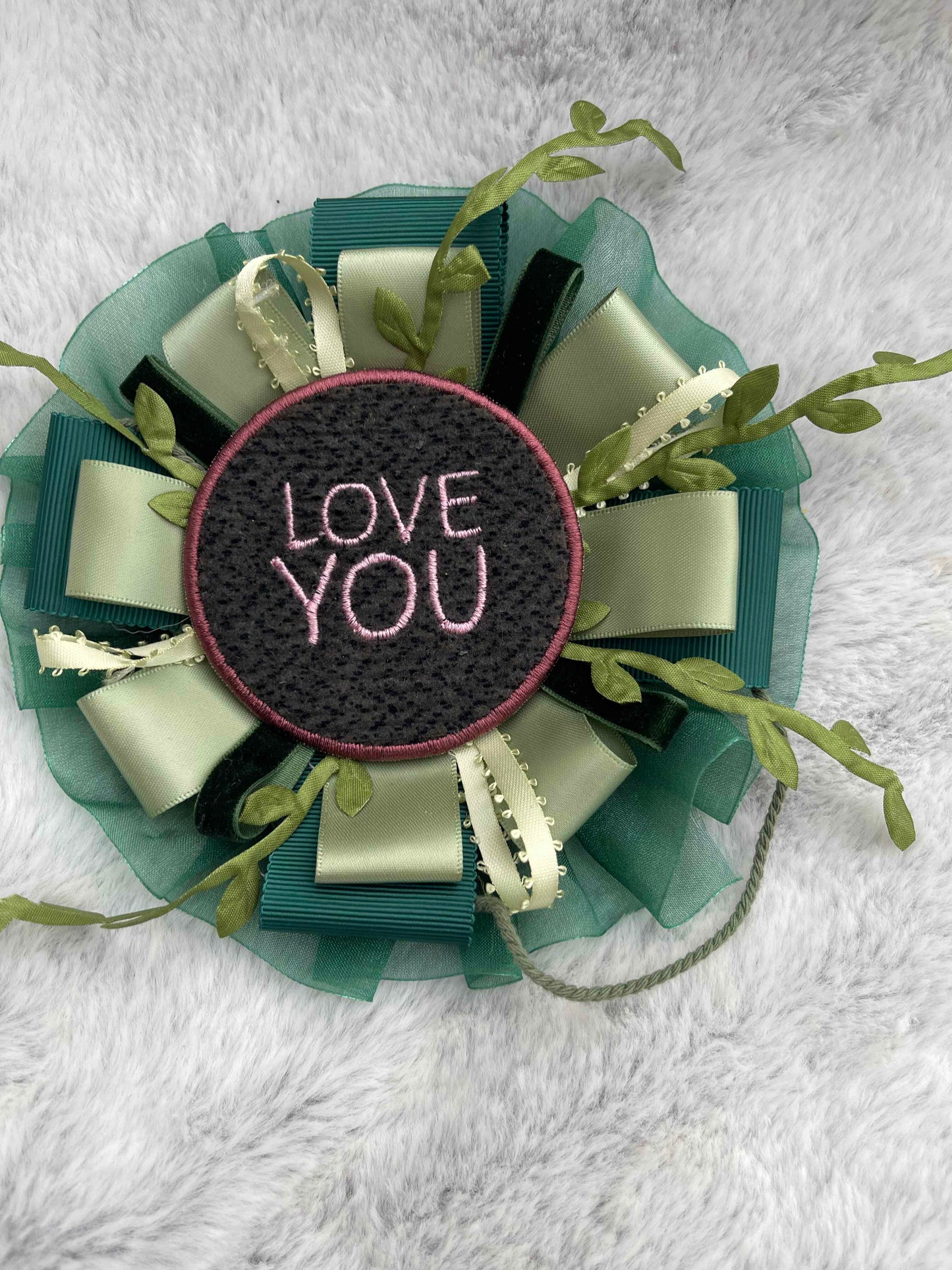 Green Botanical Handmade Ribbon Rosette — Swappable Badge Brooch | Gathered Olea