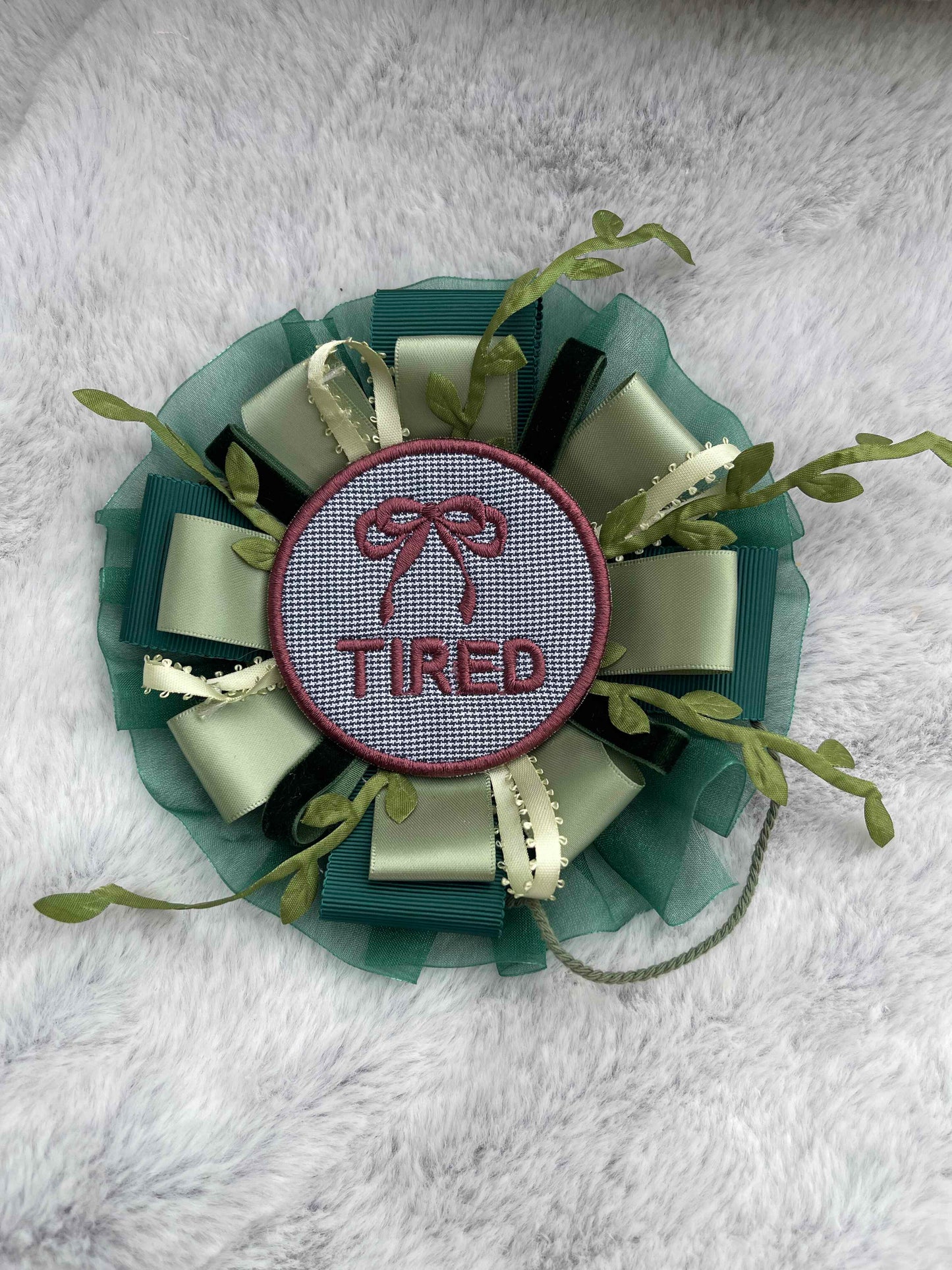 Green Botanical Handmade Ribbon Rosette — Swappable Badge Brooch | Gathered Olea