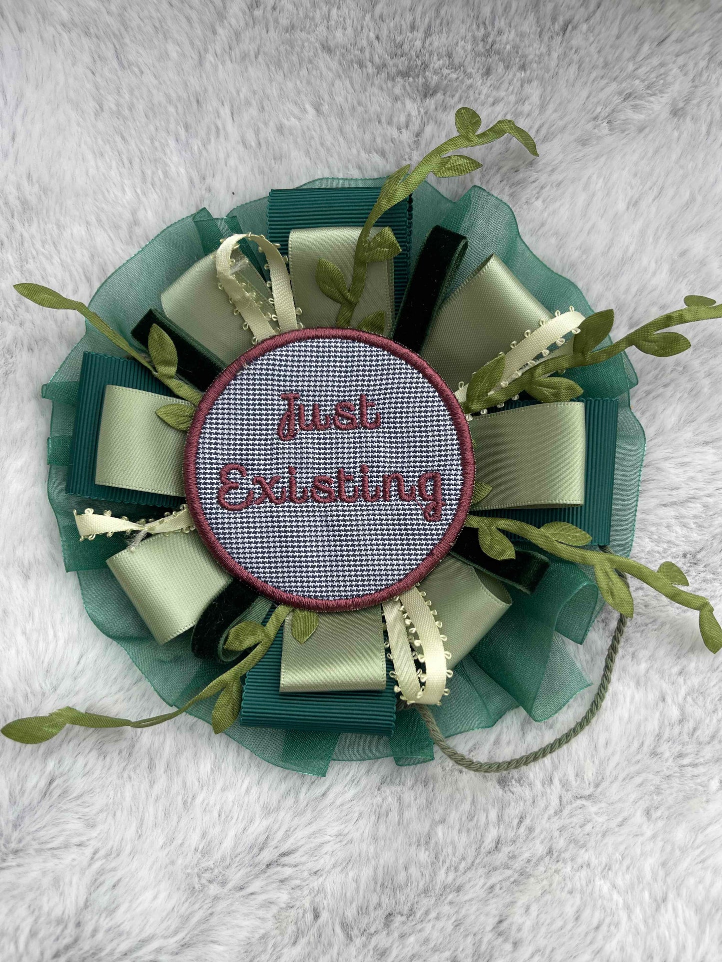 Green Botanical Handmade Ribbon Rosette — Swappable Badge Brooch | Gathered Olea