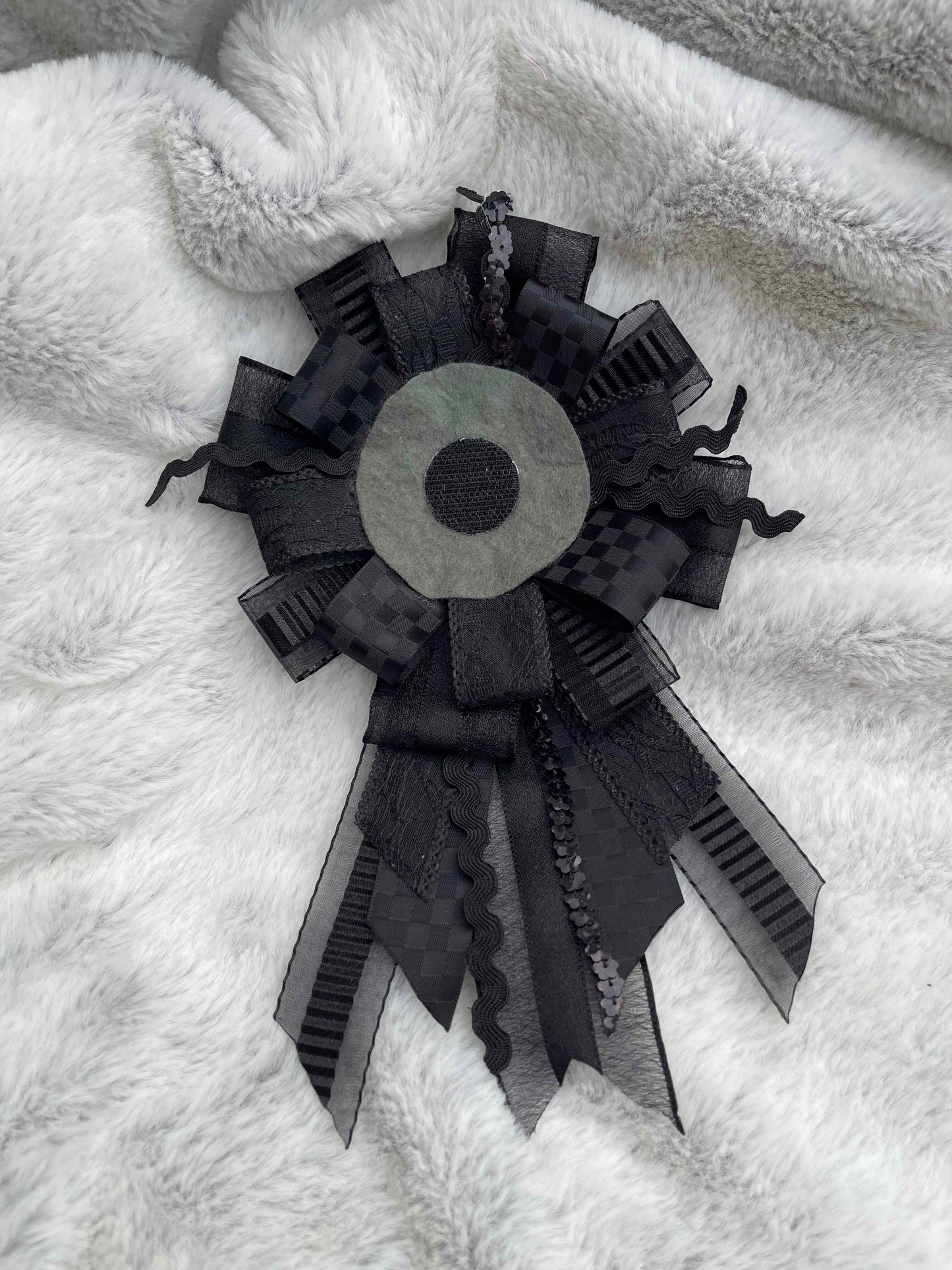 Black Handmade Ribbon Rosette — Swappable Badge Brooch