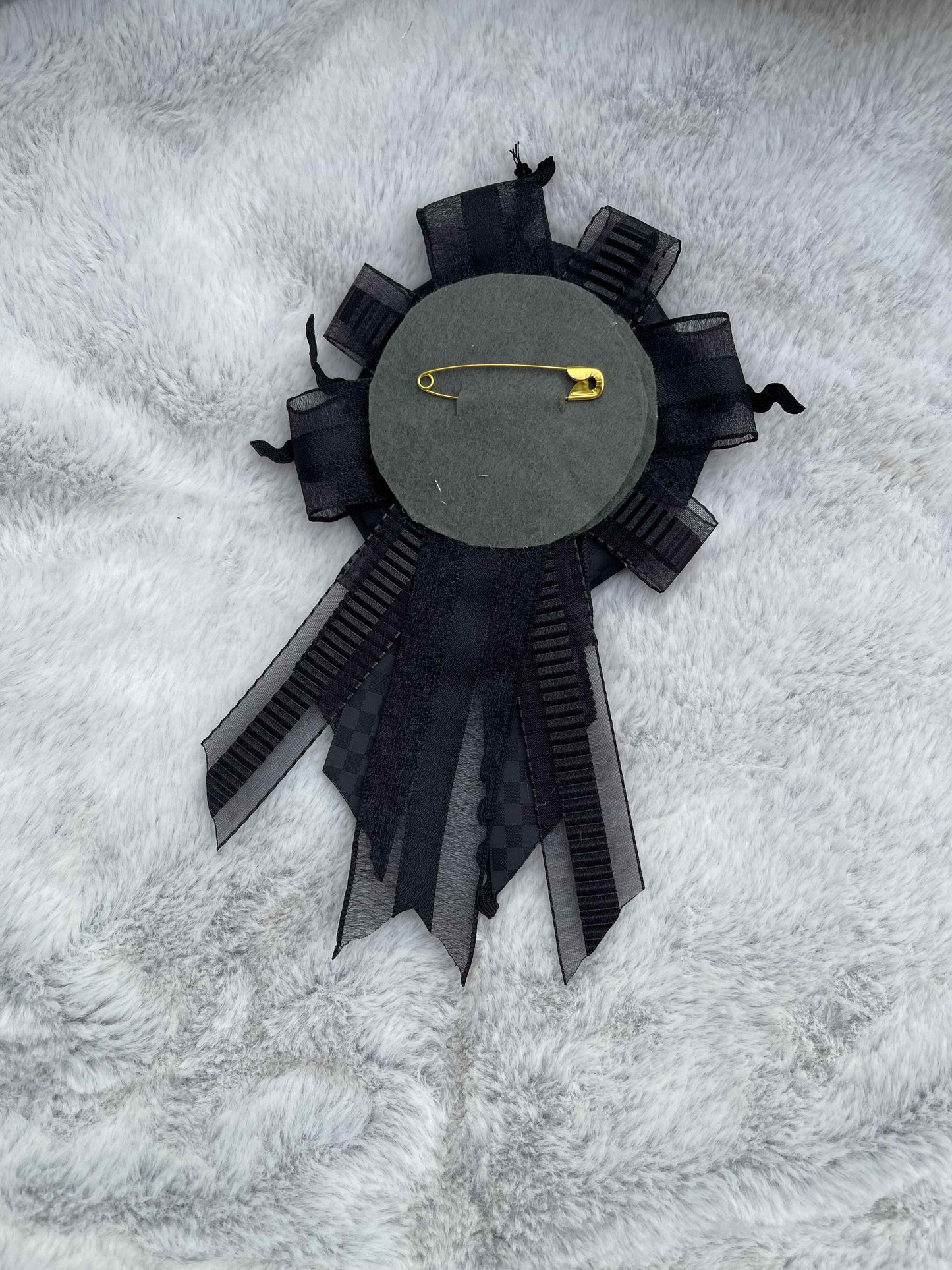 Black Handmade Ribbon Rosette — Swappable Badge Brooch
