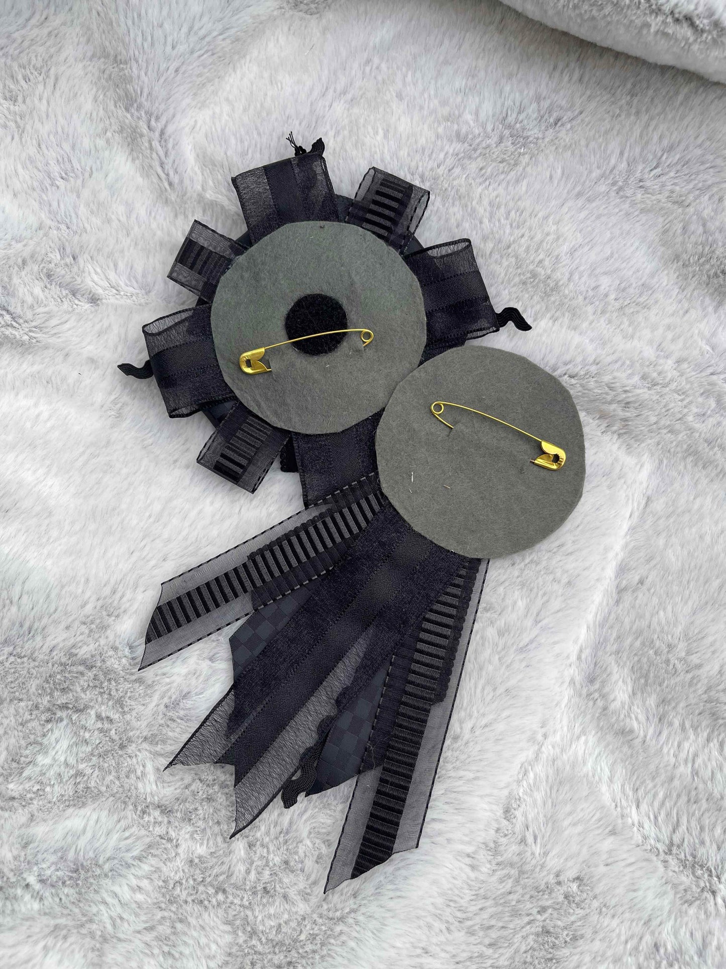 Black Handmade Ribbon Rosette — Swappable Badge Brooch