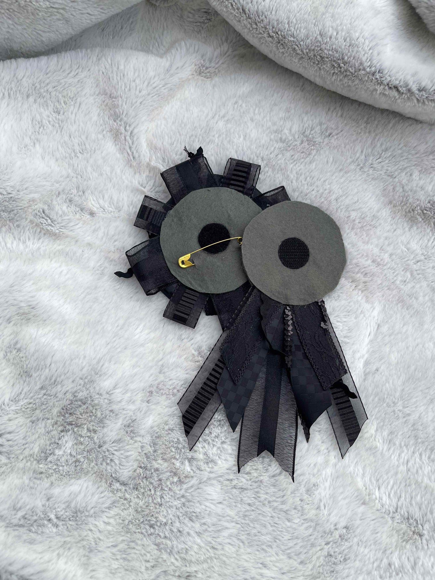 Black Handmade Ribbon Rosette — Swappable Badge Brooch