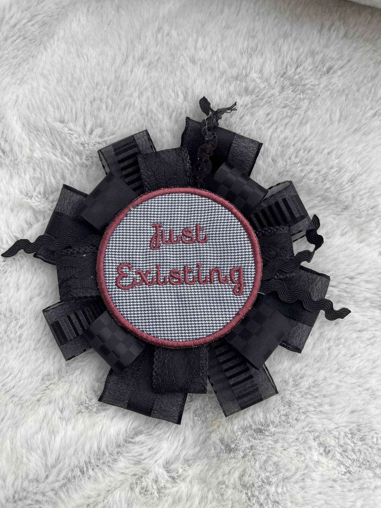 Black Handmade Ribbon Rosette — Swappable Badge Brooch