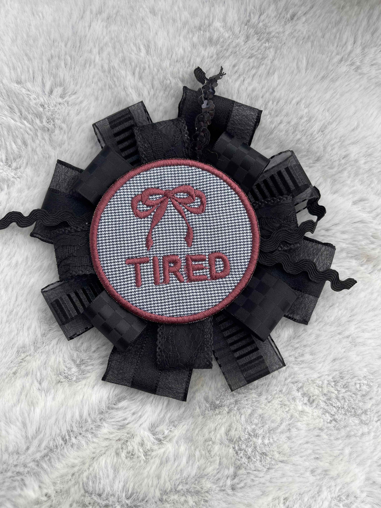 Black Handmade Ribbon Rosette — Swappable Badge Brooch