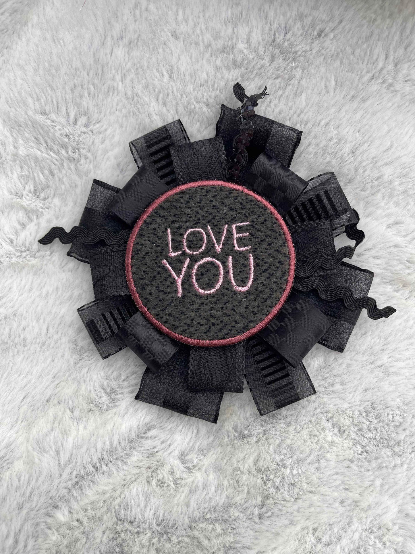 Black Handmade Ribbon Rosette — Swappable Badge Brooch