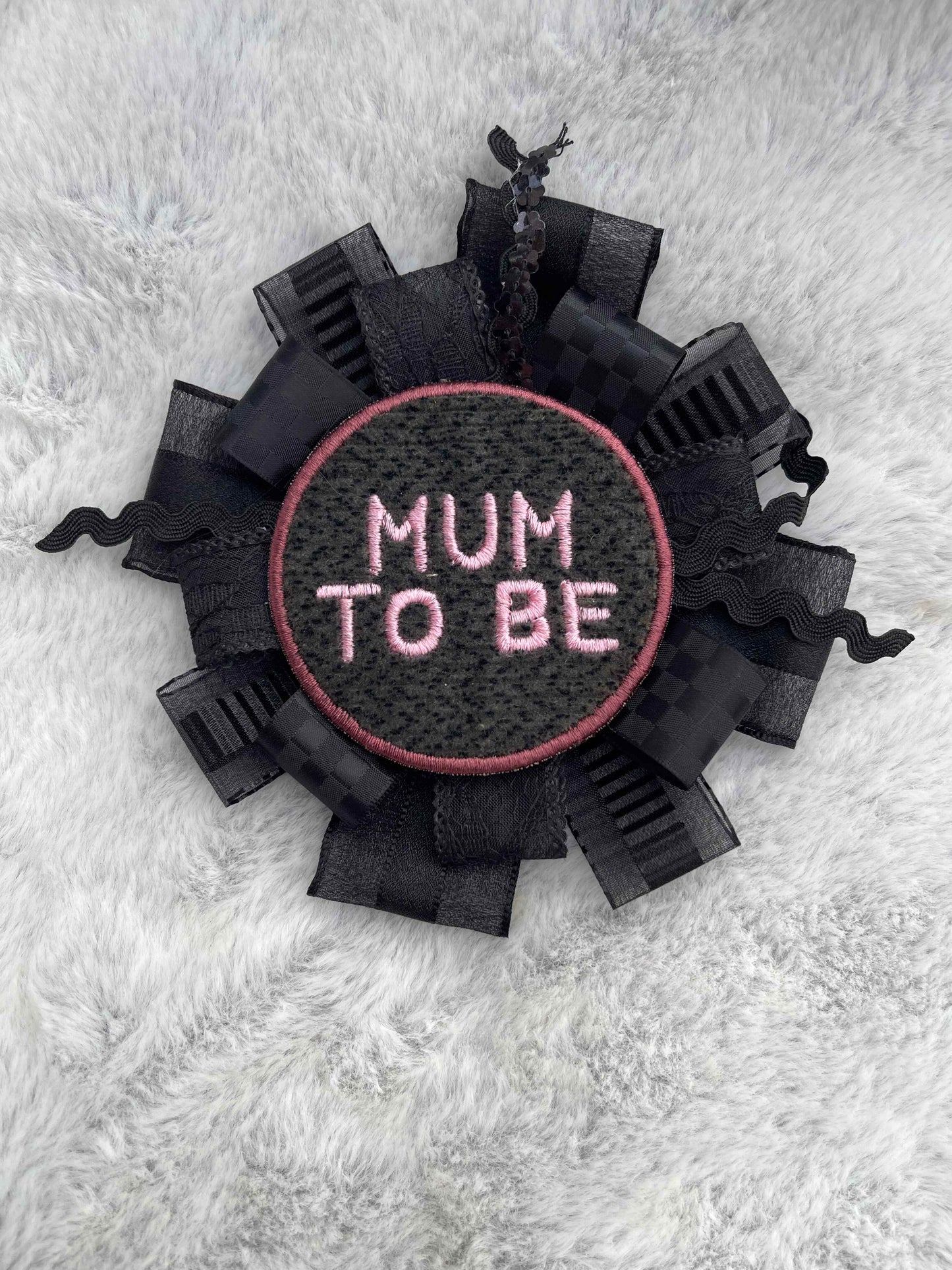 Black Handmade Ribbon Rosette — Swappable Badge Brooch