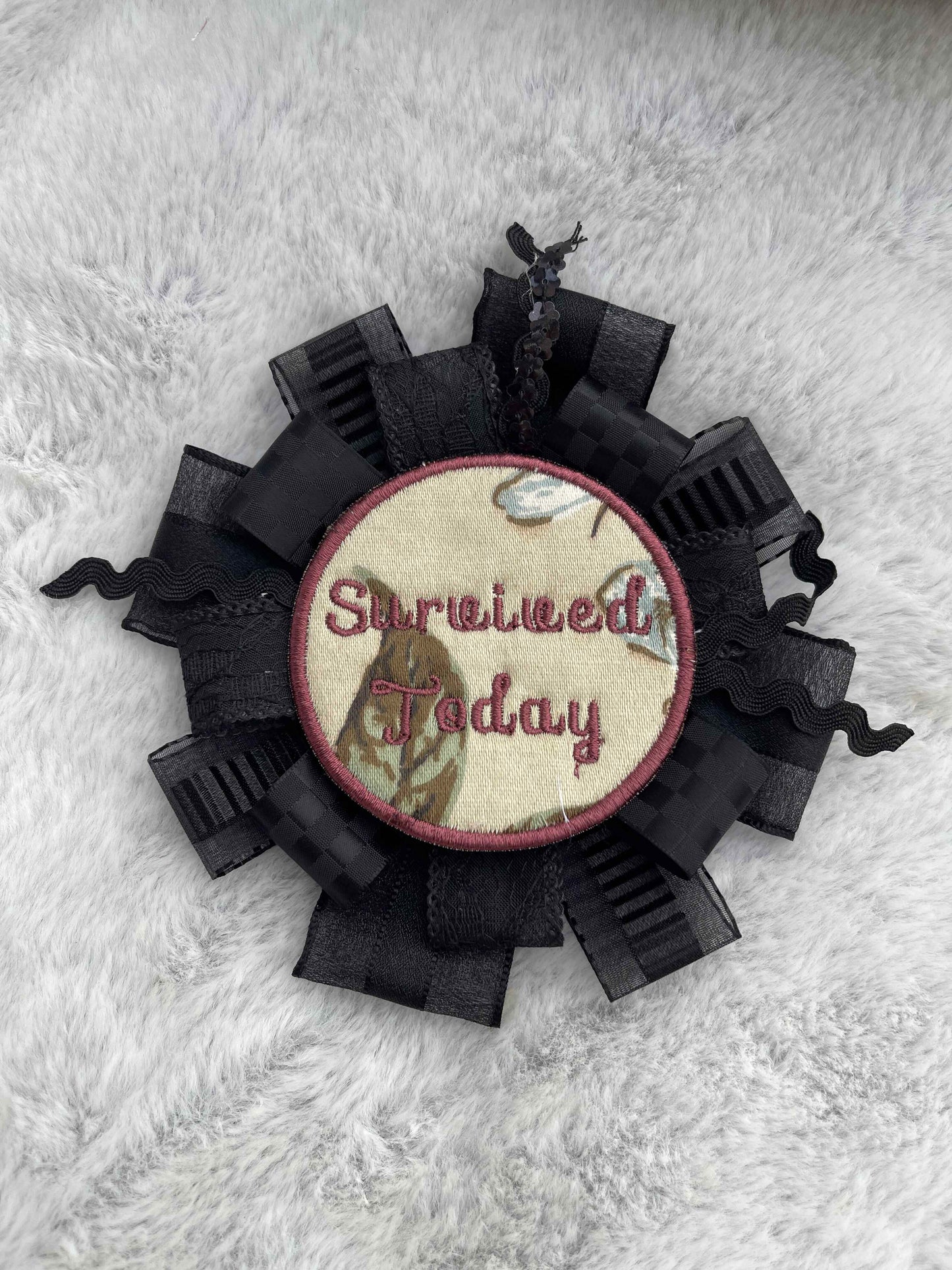 Black Handmade Ribbon Rosette — Swappable Badge Brooch