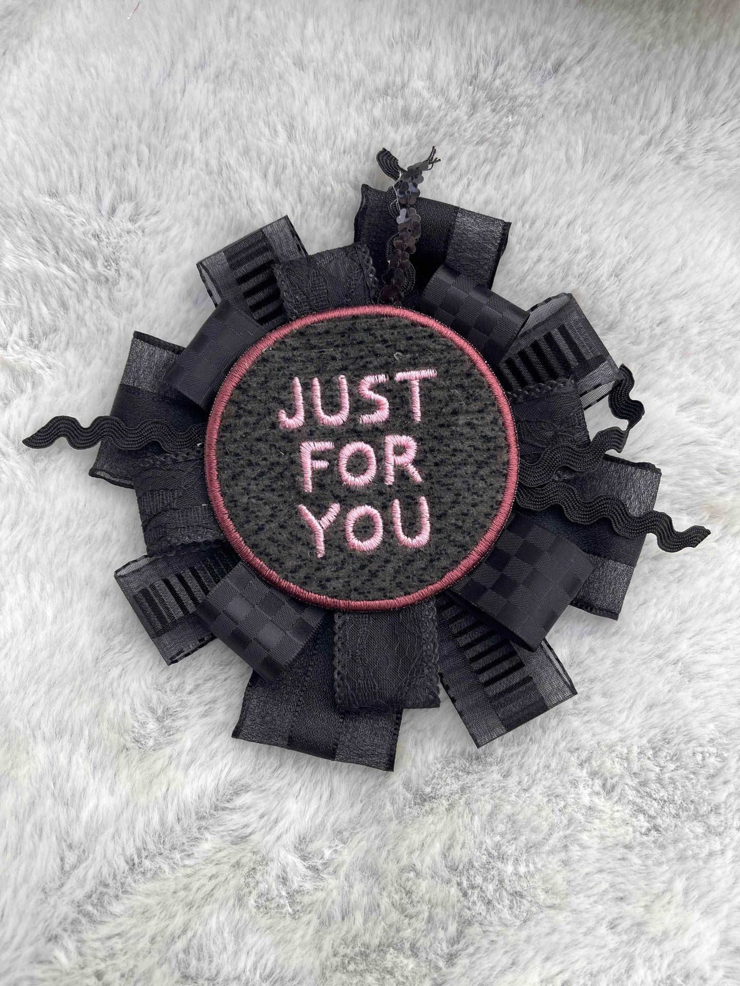 Black Handmade Ribbon Rosette — Swappable Badge Brooch
