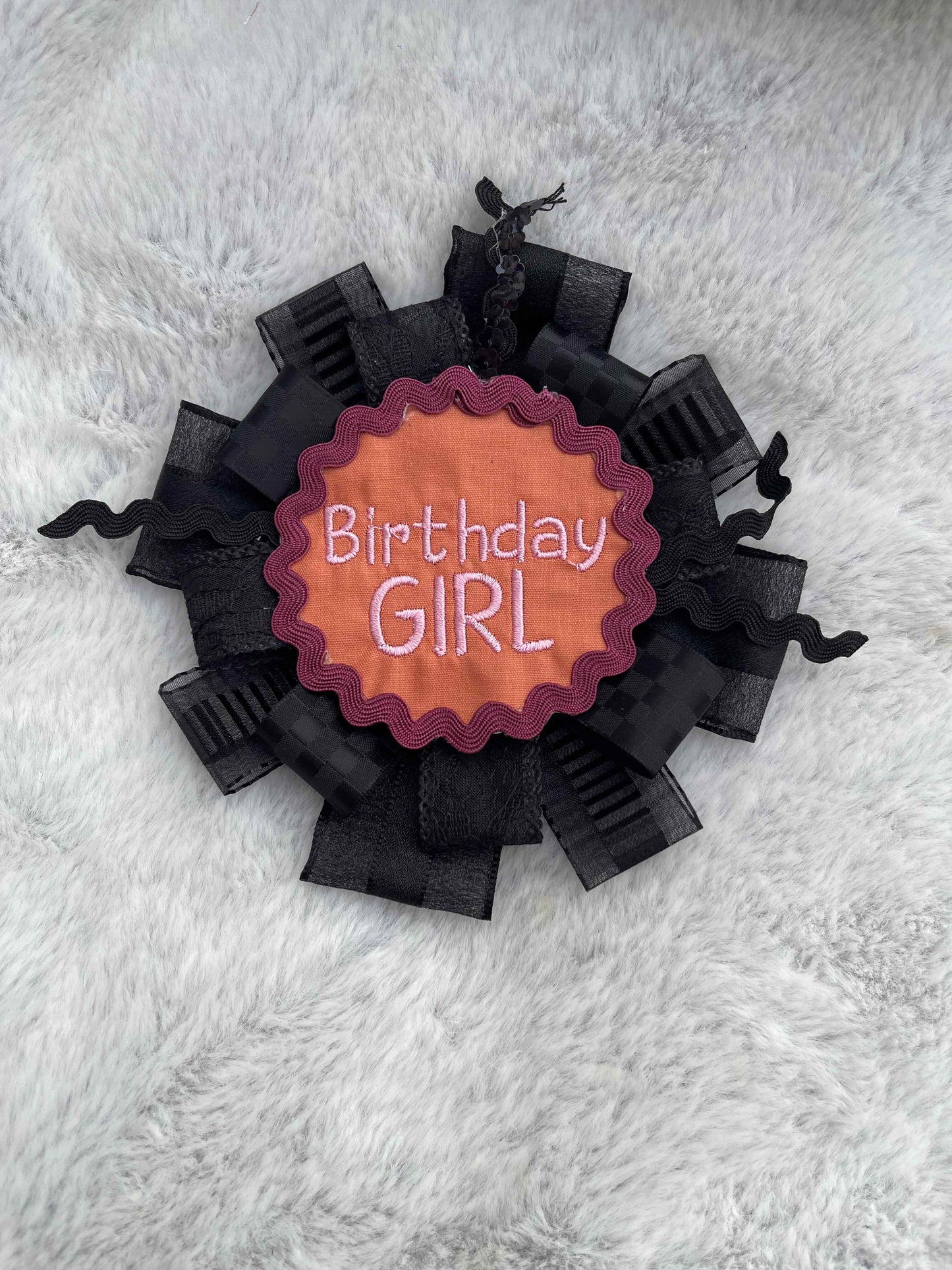 Black Handmade Ribbon Rosette — Swappable Badge Brooch