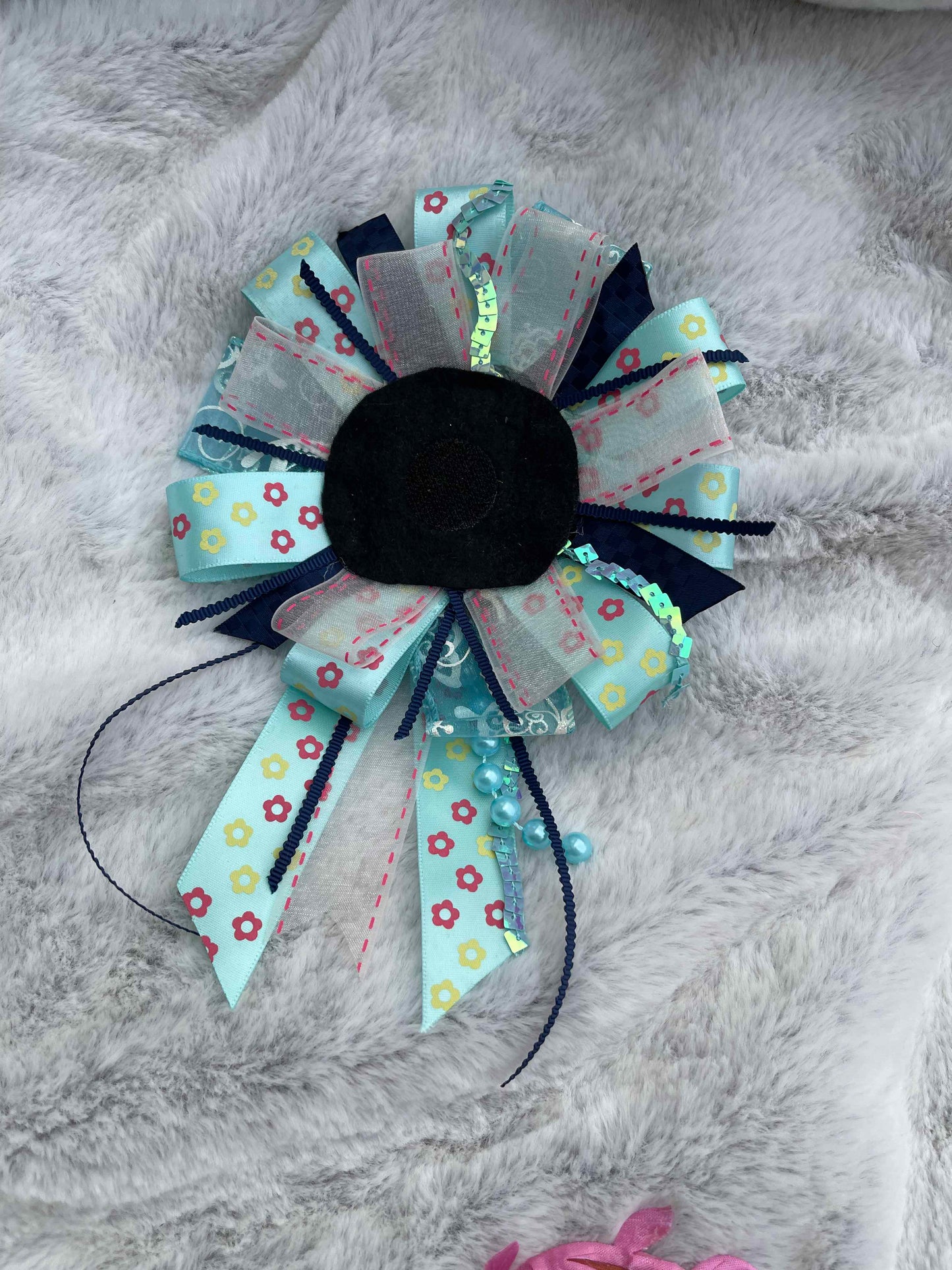 Blue Floral Handmade Ribbon Rosette — Swappable Badge Brooch | Gathered Olea