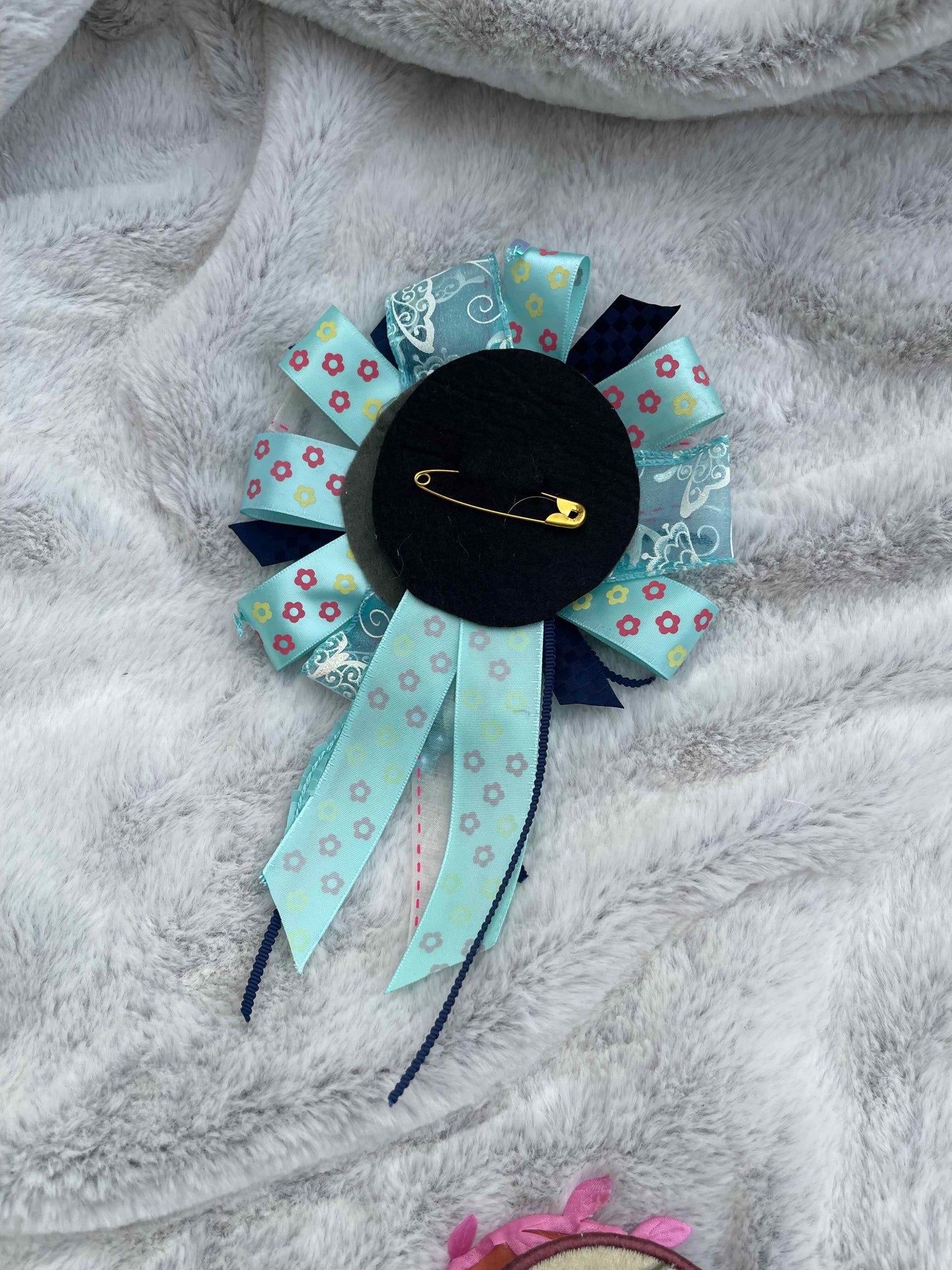 Blue Floral Handmade Ribbon Rosette — Swappable Badge Brooch | Gathered Olea