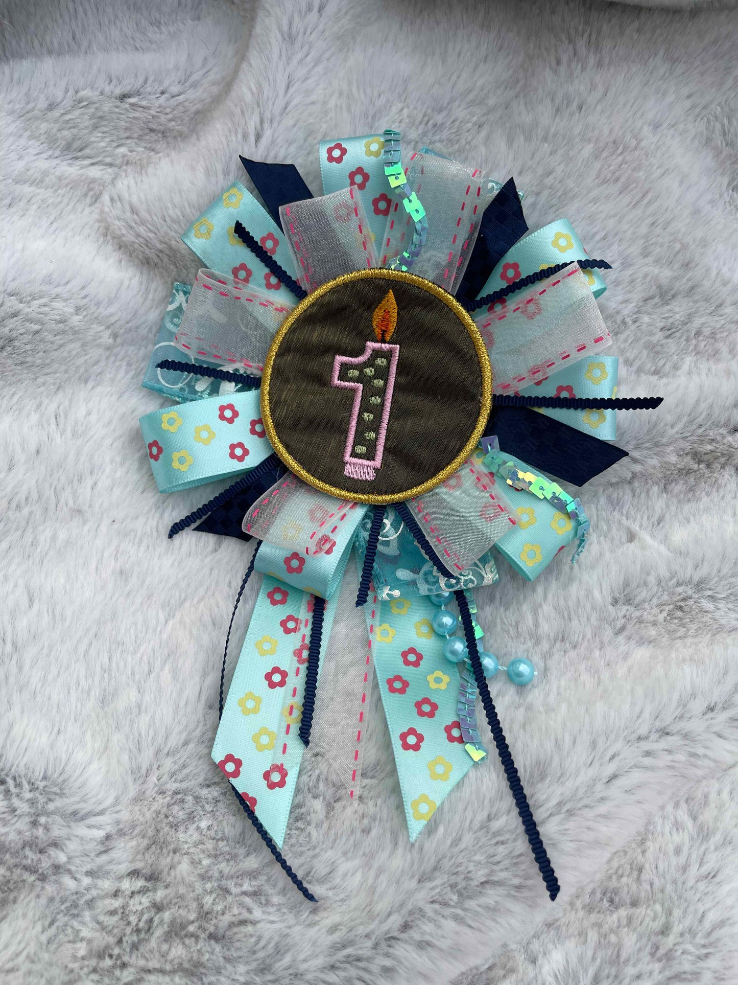 Blue Floral Handmade Ribbon Rosette — Swappable Badge Brooch | Gathered Olea