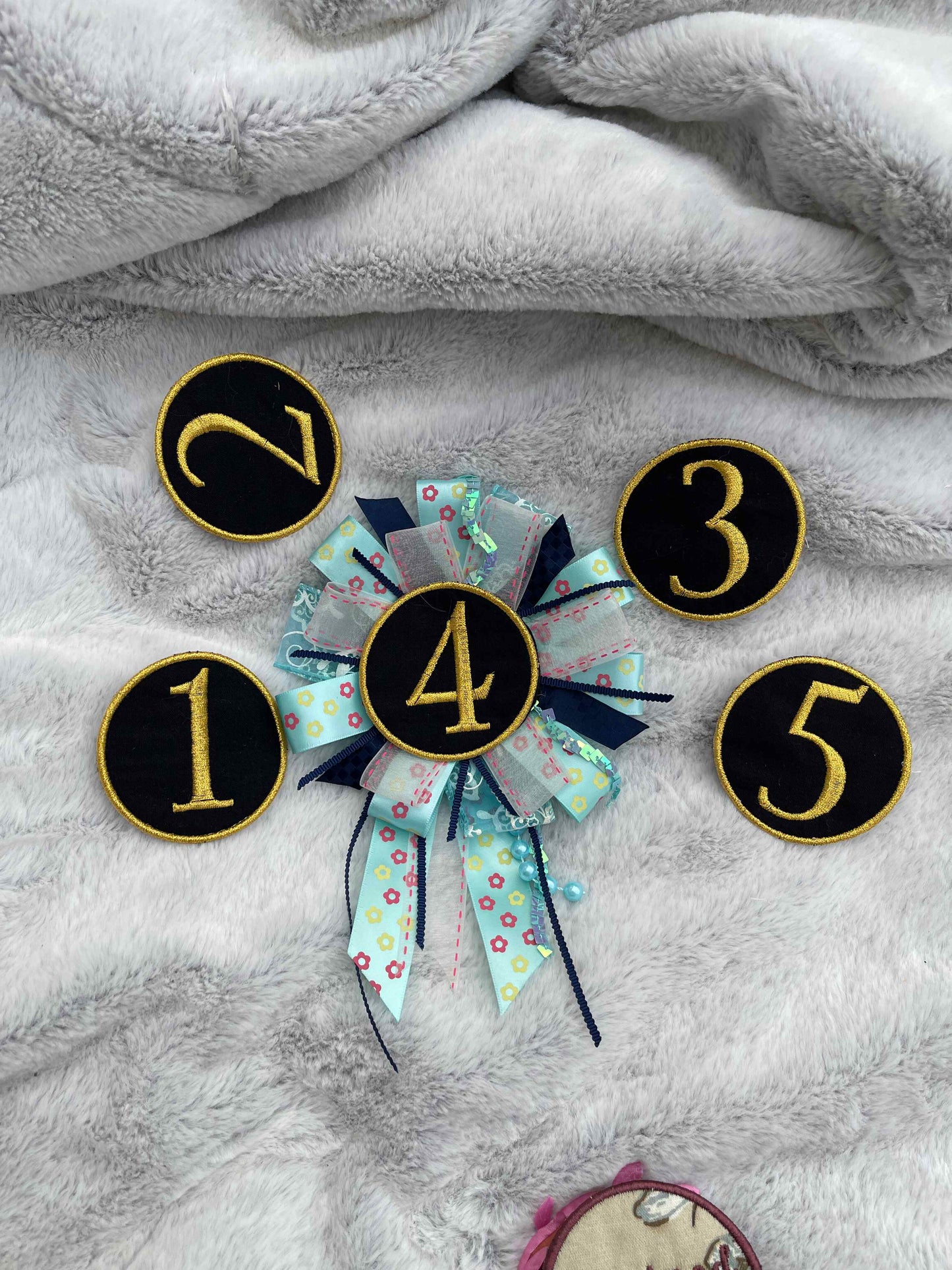 Blue Floral Handmade Ribbon Rosette — Swappable Badge Brooch | Gathered Olea