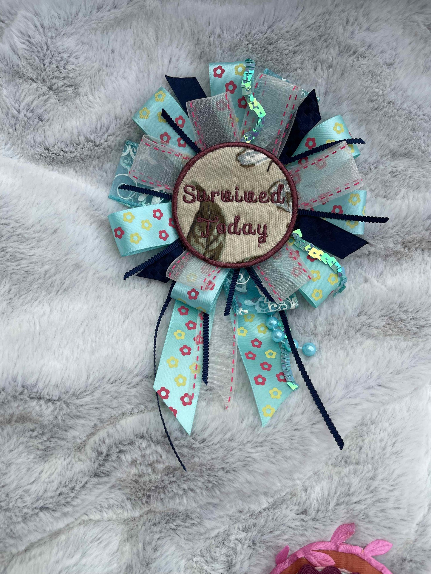 Blue Floral Handmade Ribbon Rosette — Swappable Badge Brooch | Gathered Olea