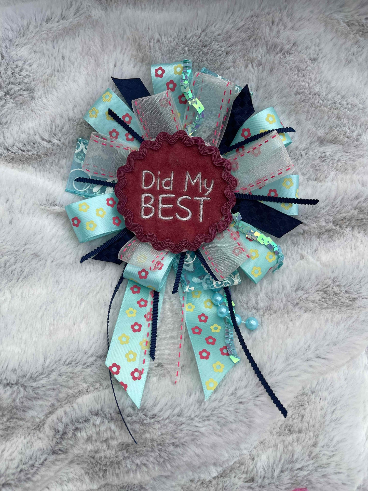 Blue Floral Handmade Ribbon Rosette — Swappable Badge Brooch | Gathered Olea