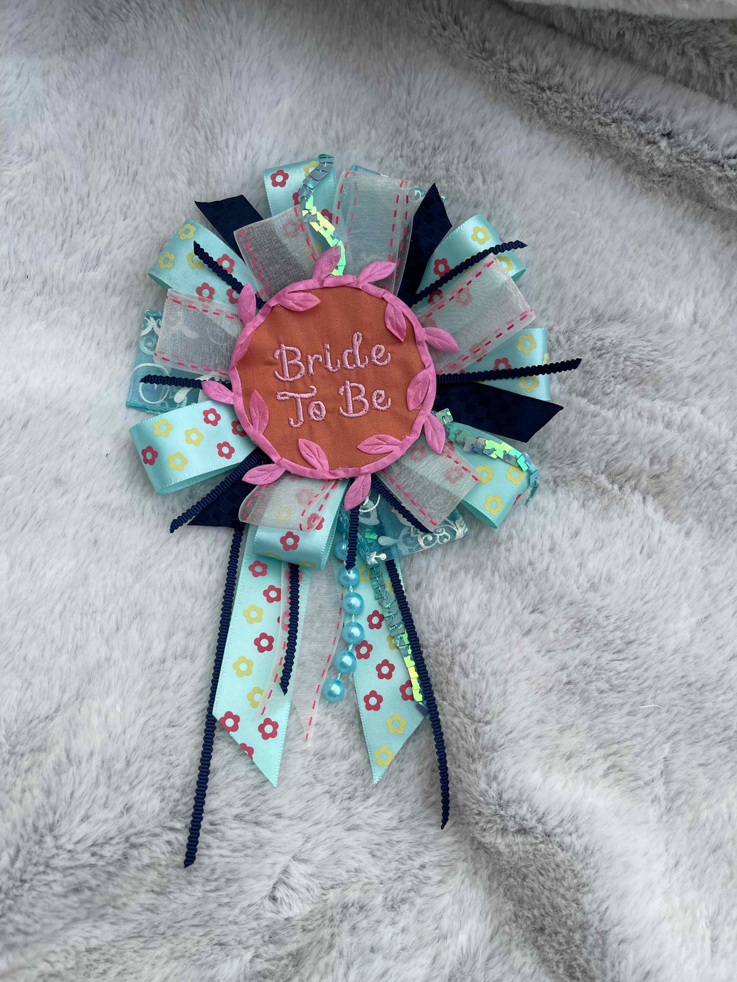Blue Floral Handmade Ribbon Rosette — Swappable Badge Brooch | Gathered Olea