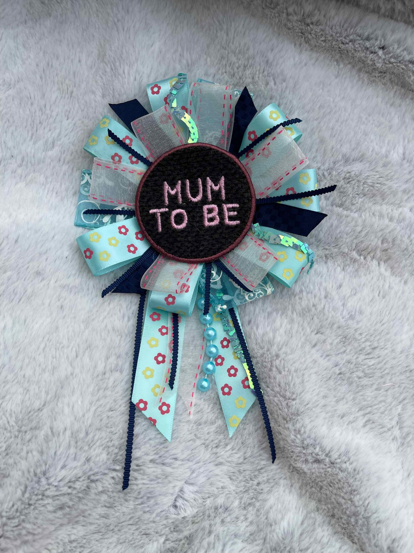Blue Floral Handmade Ribbon Rosette — Swappable Badge Brooch | Gathered Olea
