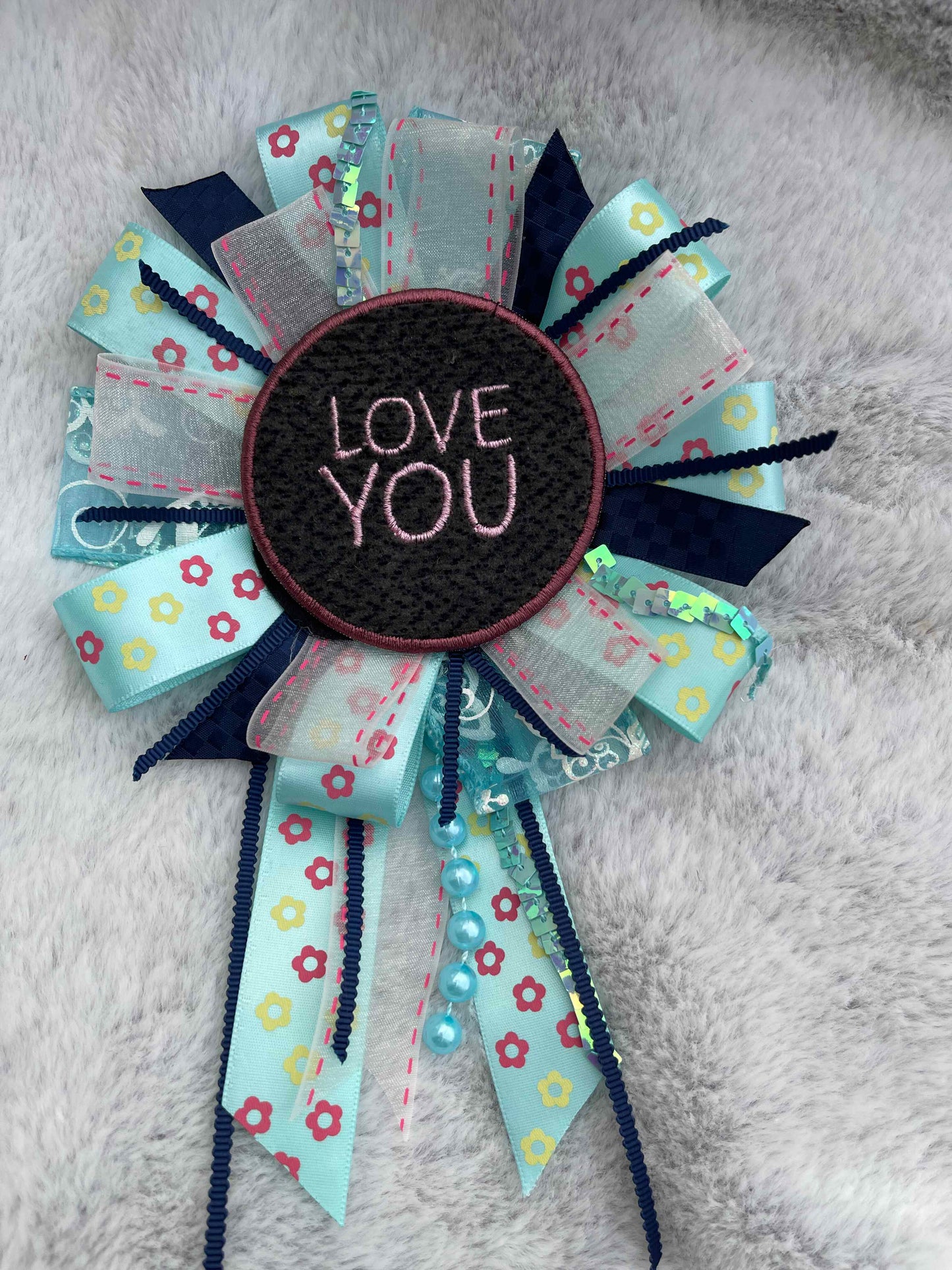 Blue Floral Handmade Ribbon Rosette — Swappable Badge Brooch | Gathered Olea