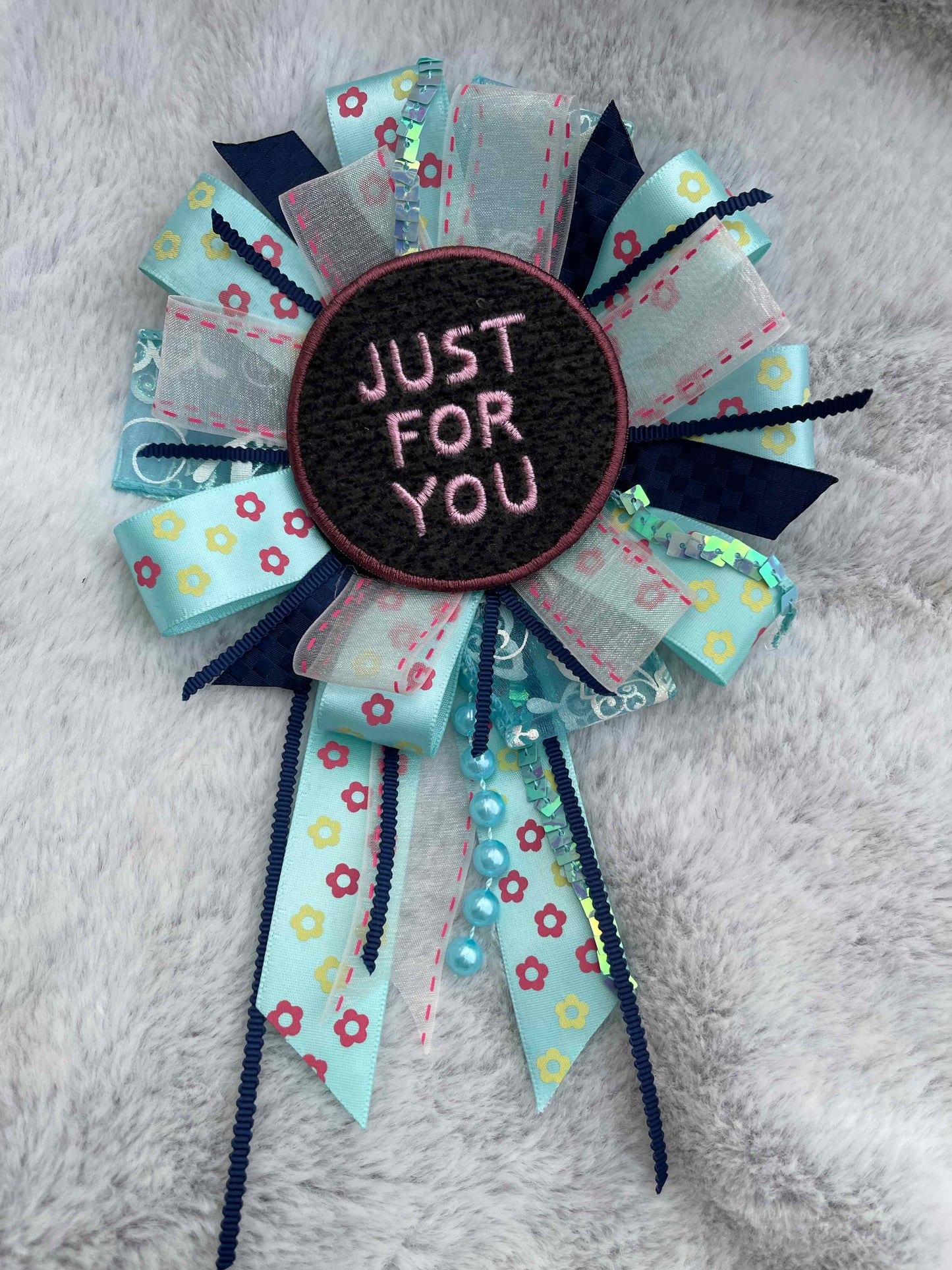 Blue Floral Handmade Ribbon Rosette — Swappable Badge Brooch | Gathered Olea