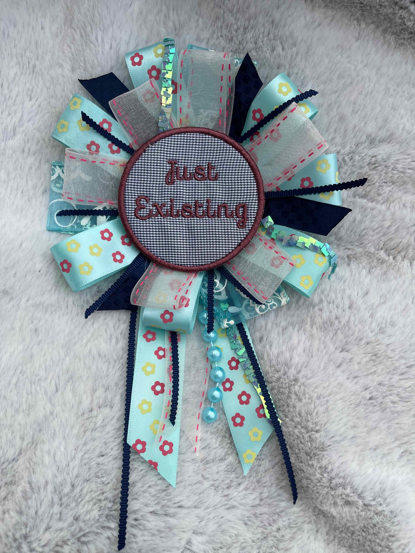 Blue Floral Handmade Ribbon Rosette — Swappable Badge Brooch | Gathered Olea